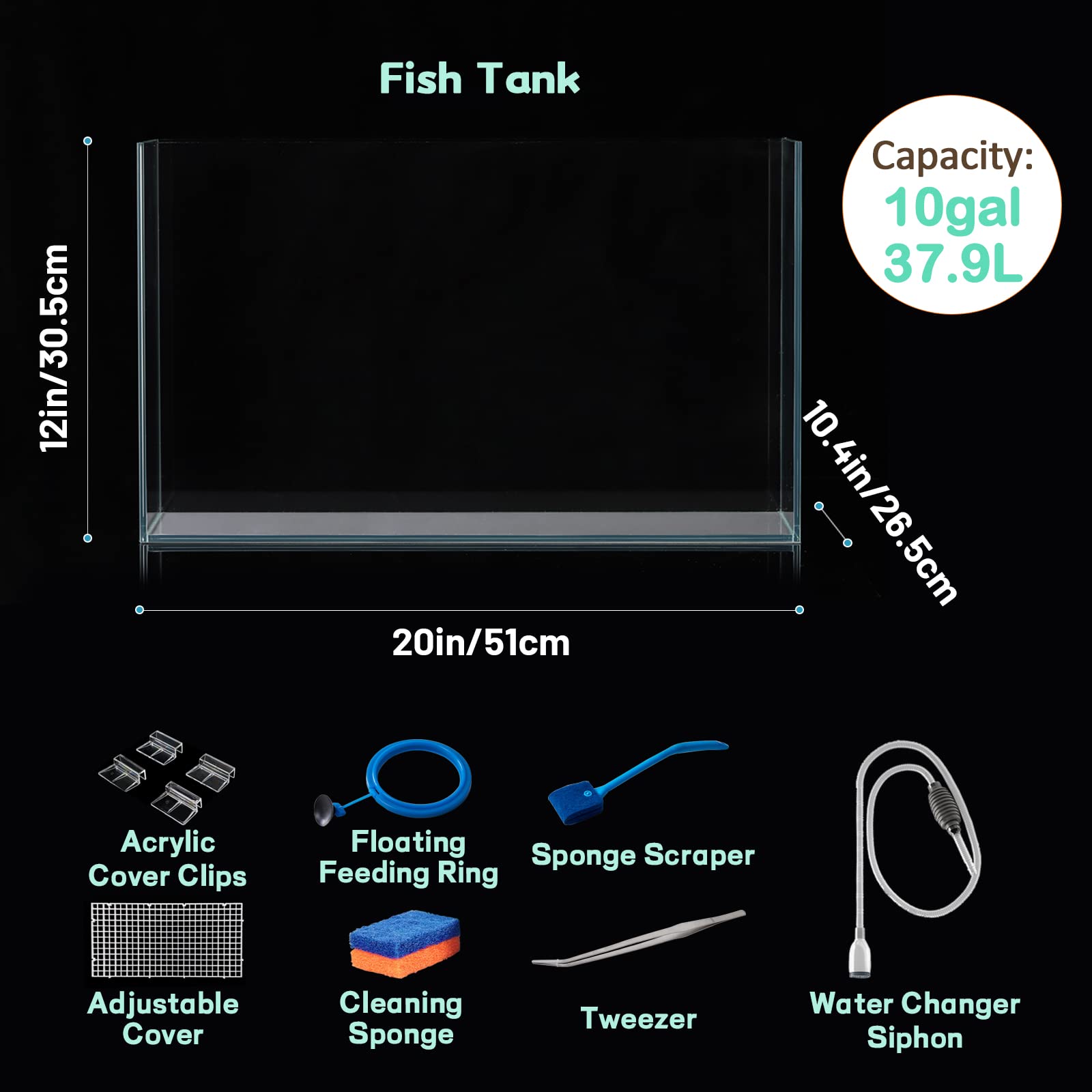 Laqual 10 Gallon Ultra Clear Glass Fish Tank, Rimless Low Iron Aquarium For Betta/Nano/Goldfish/Snail/Shrimp, Big Fish Tank & Co