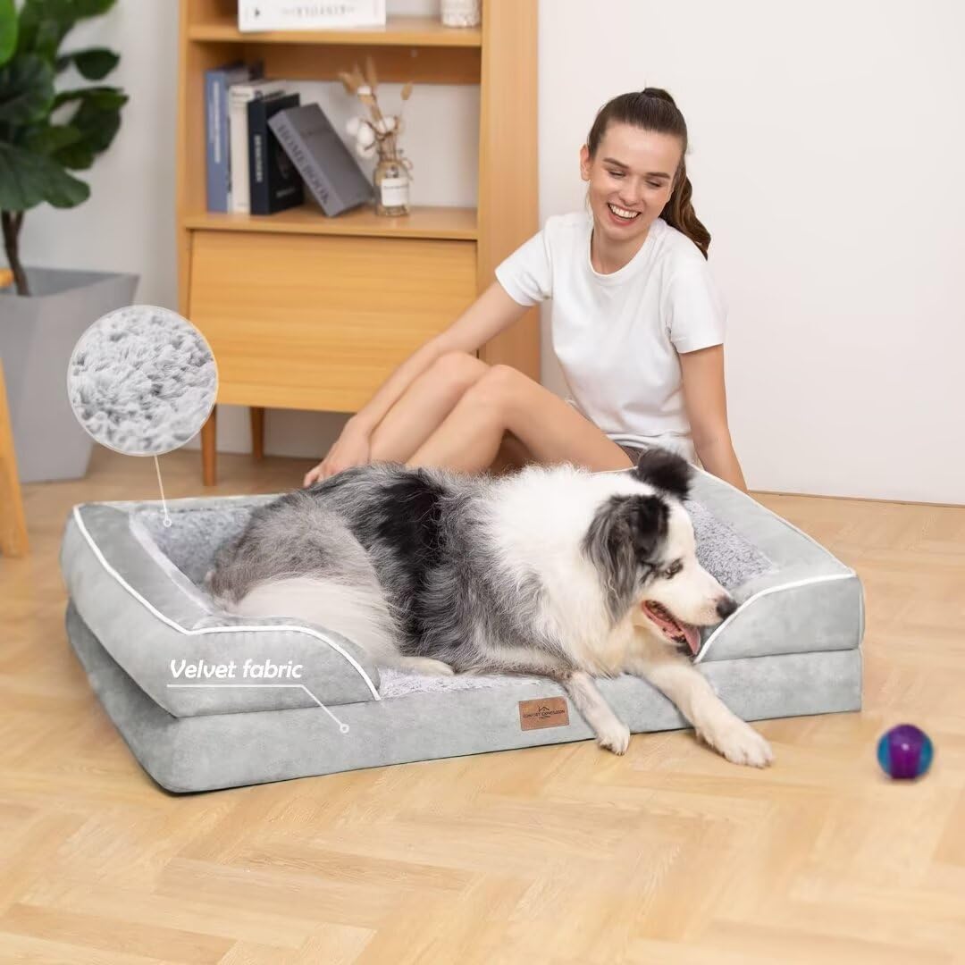 Comfort Expression Orthopedic Memory Foam Dog Bed, Cooling Dog Bed, Waterproof Dog Beds For Large Dogs, Washable Dog Bed With Removable Cover,Pet Bed Dog Sofa With Bolster(Large,Light Grey)