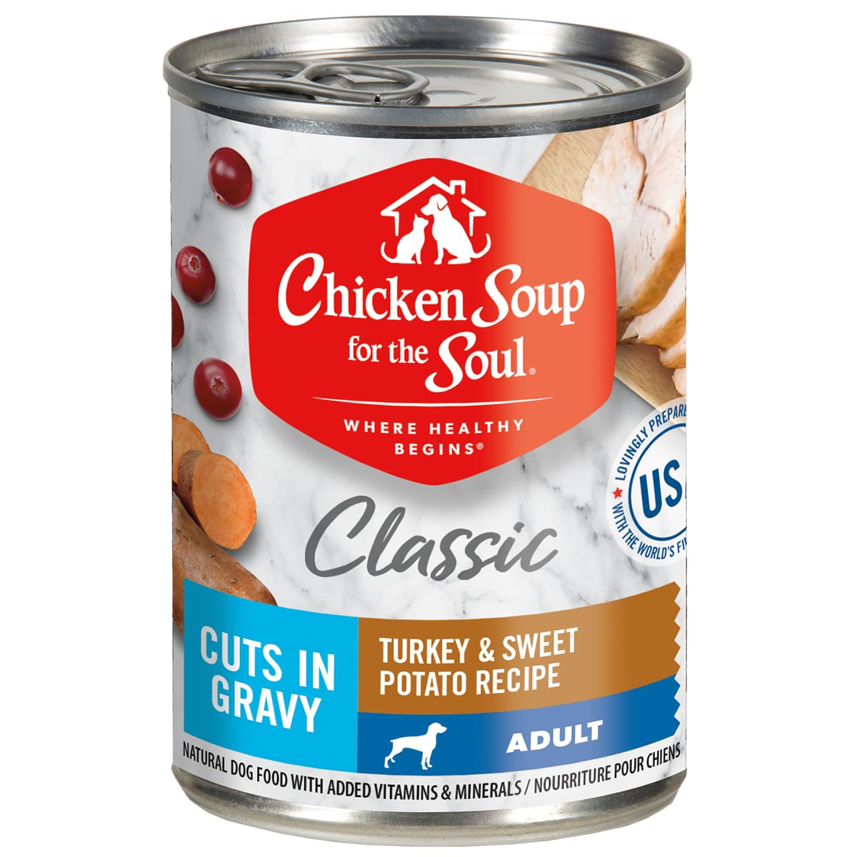 Chicken Soup For The Soul Classic Wet Adult Dog Food, Turkey & Sweet Potato Cuts in Gravy, 13 Ounce Can (Pack of 12) | Soy, Corn