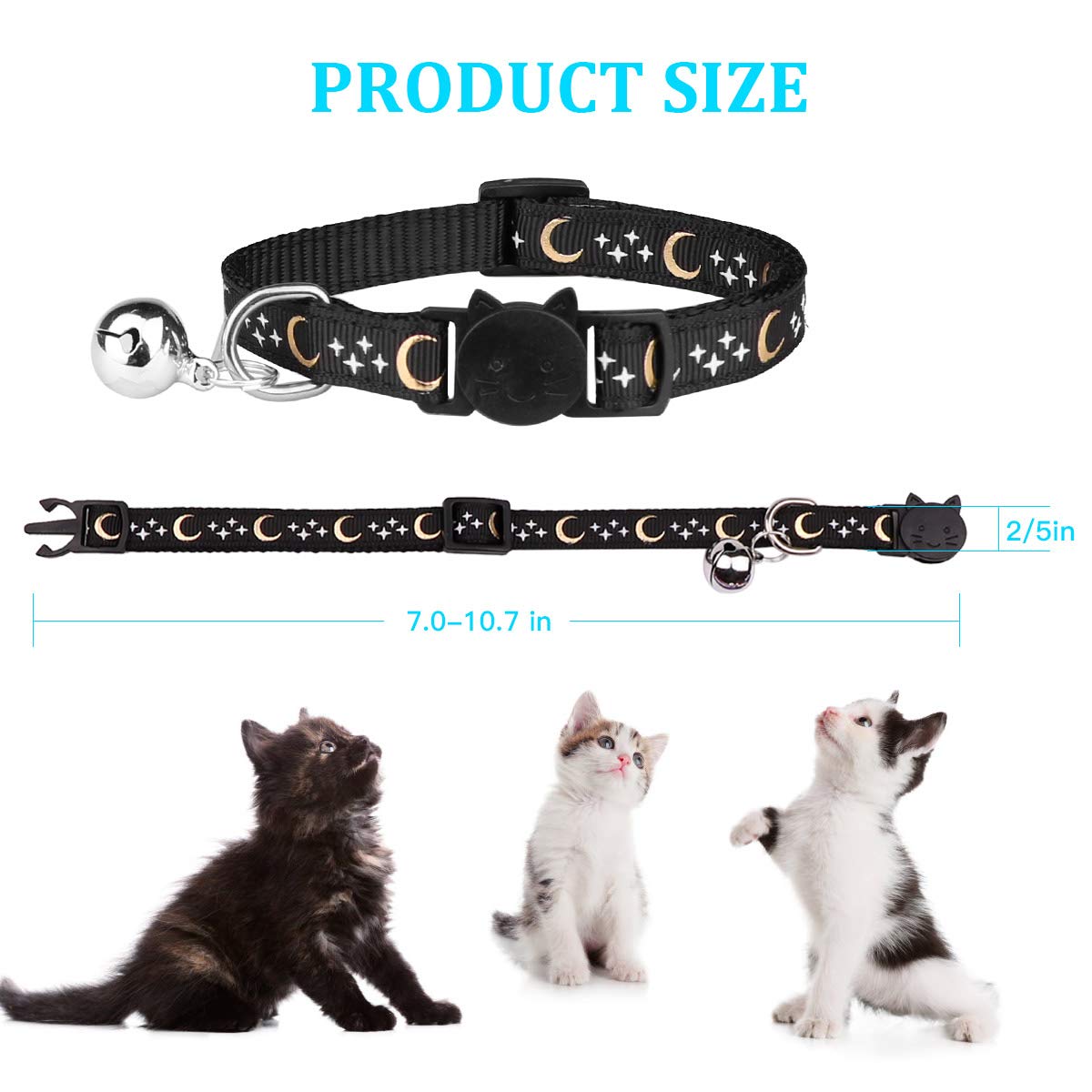 Stpiatue 6 PCS Breakaway Cat Collars with Bell, Nylon, 7.0-10.7 in, Moon Stars, Model STPI20201158