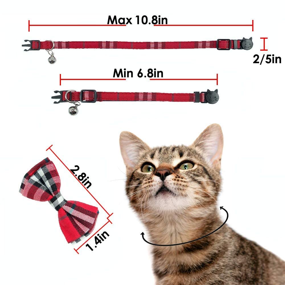 Cat Collar Breakaway With Bell And Bow Tie, Plaid Design Adjustable Safety Kitty Kitten Collars(6.8-10.8In) (Red Plaid 1)