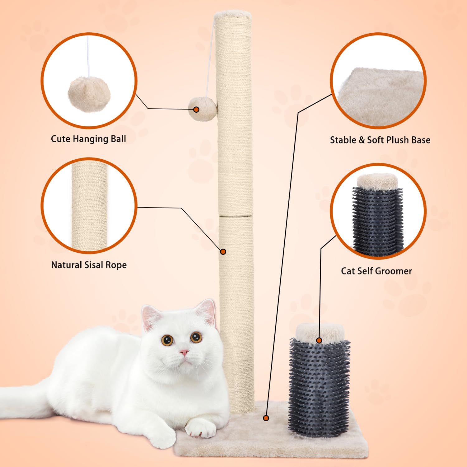 Nobleza 32    Tall Cat Scratch Post With Self Massage Brush, Natural Sisal Rope Cat Scratching Post For Indoor Cats, Stable Cat