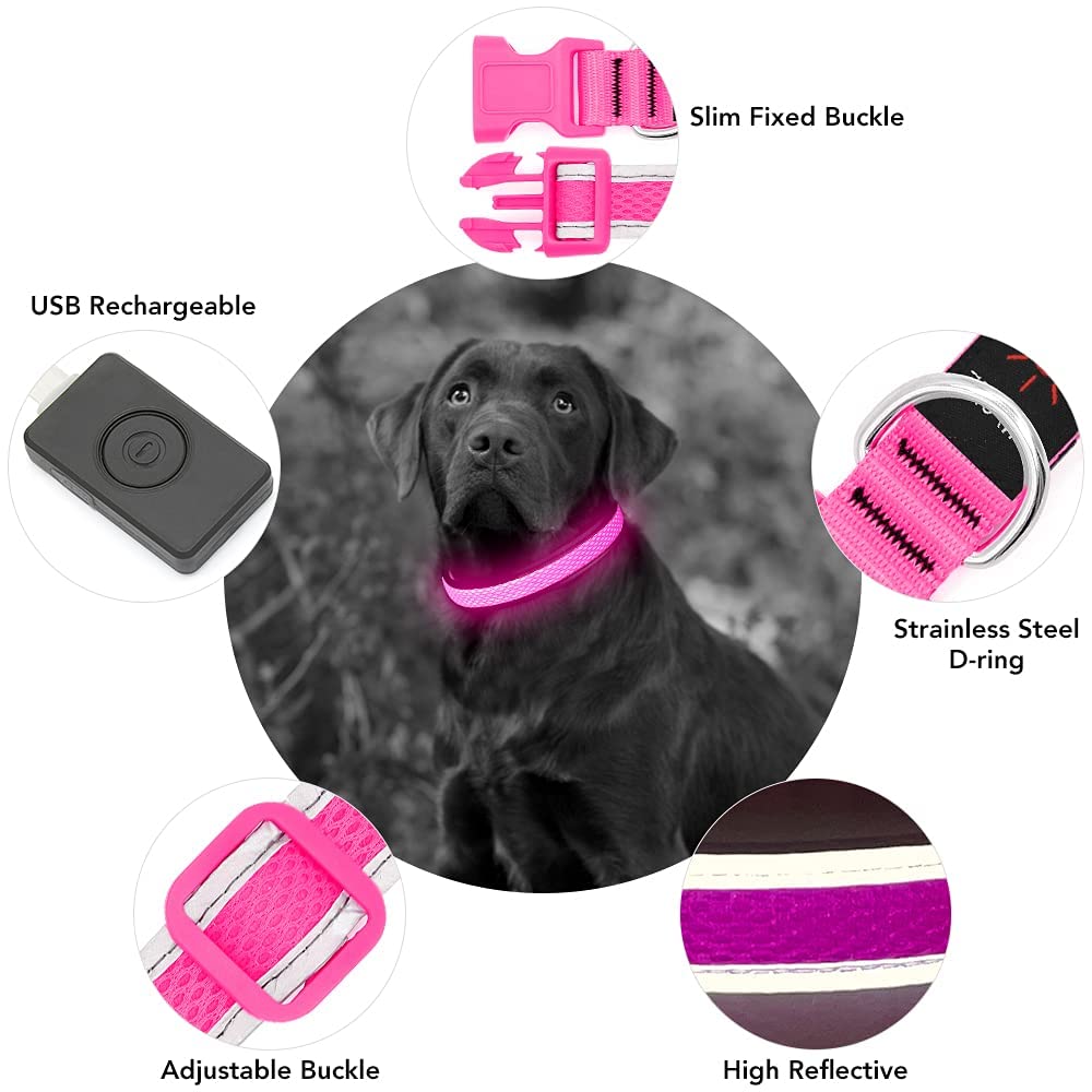Yfbrite Light Up Dog Collar, Rechargeable Led Dog Collar, Christmas Dog Collar Light, Adjustable Reflective Dog Collar Safety Glowing At Night (Pink, Small)