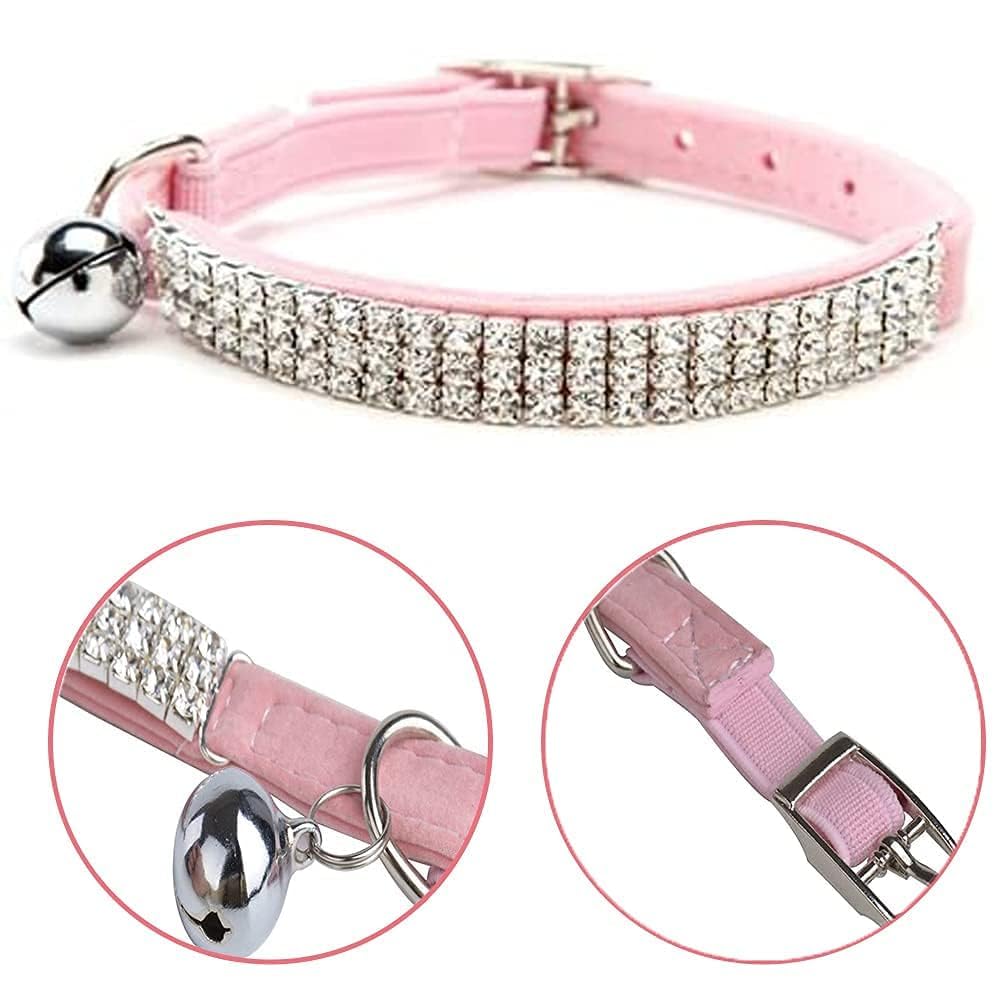 Chukchi Soft Velvet Safe Cat Adjustable Collar Bling Diamante With Bells,11 Inch For Small Dogs And Cats (Pink)