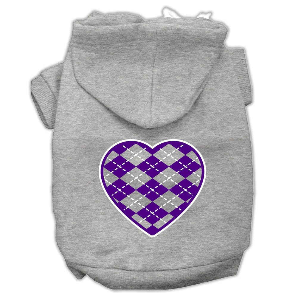 Pet Dog & Cat Hoodie Screen Printed, 'Purple Argyle Heart' Gray Xs (0-3 Lbs.)