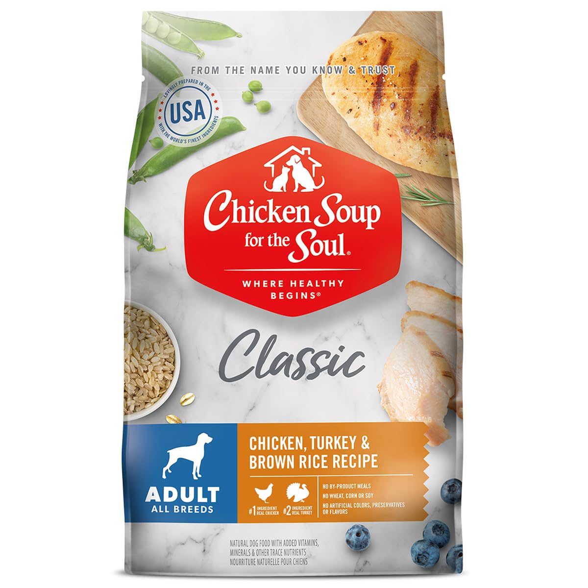 Chicken Soup For The Soul Pet Food Classic Dry Adult Dog Food, Chicken, Turkey & Brown Rice Recipe, 28 Pound Bag | Soy Free, Cor