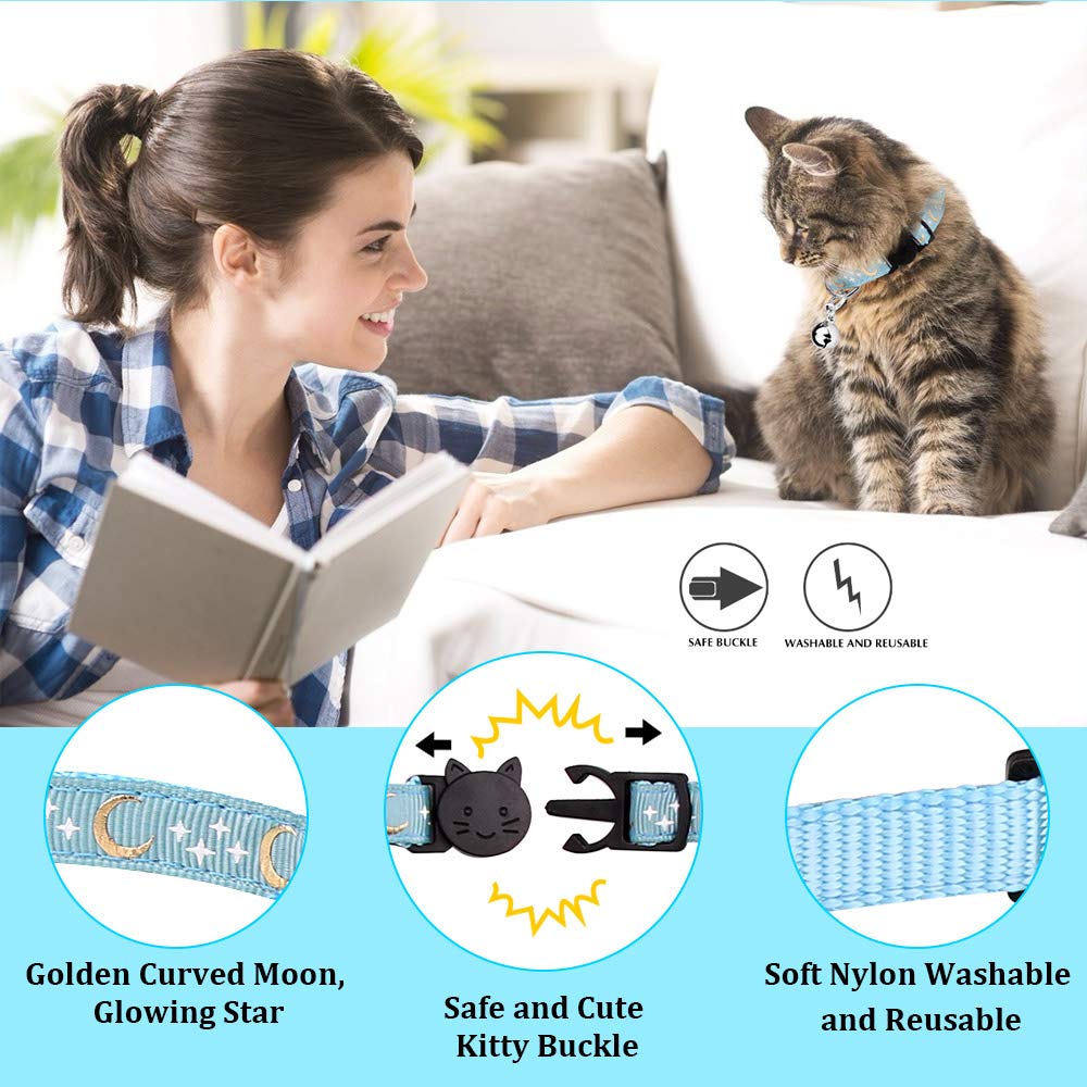 Stpiatue 6 PCS Breakaway Cat Collars with Bell, Nylon, 7.0-10.7 in, Moon Stars, Model STPI20201158