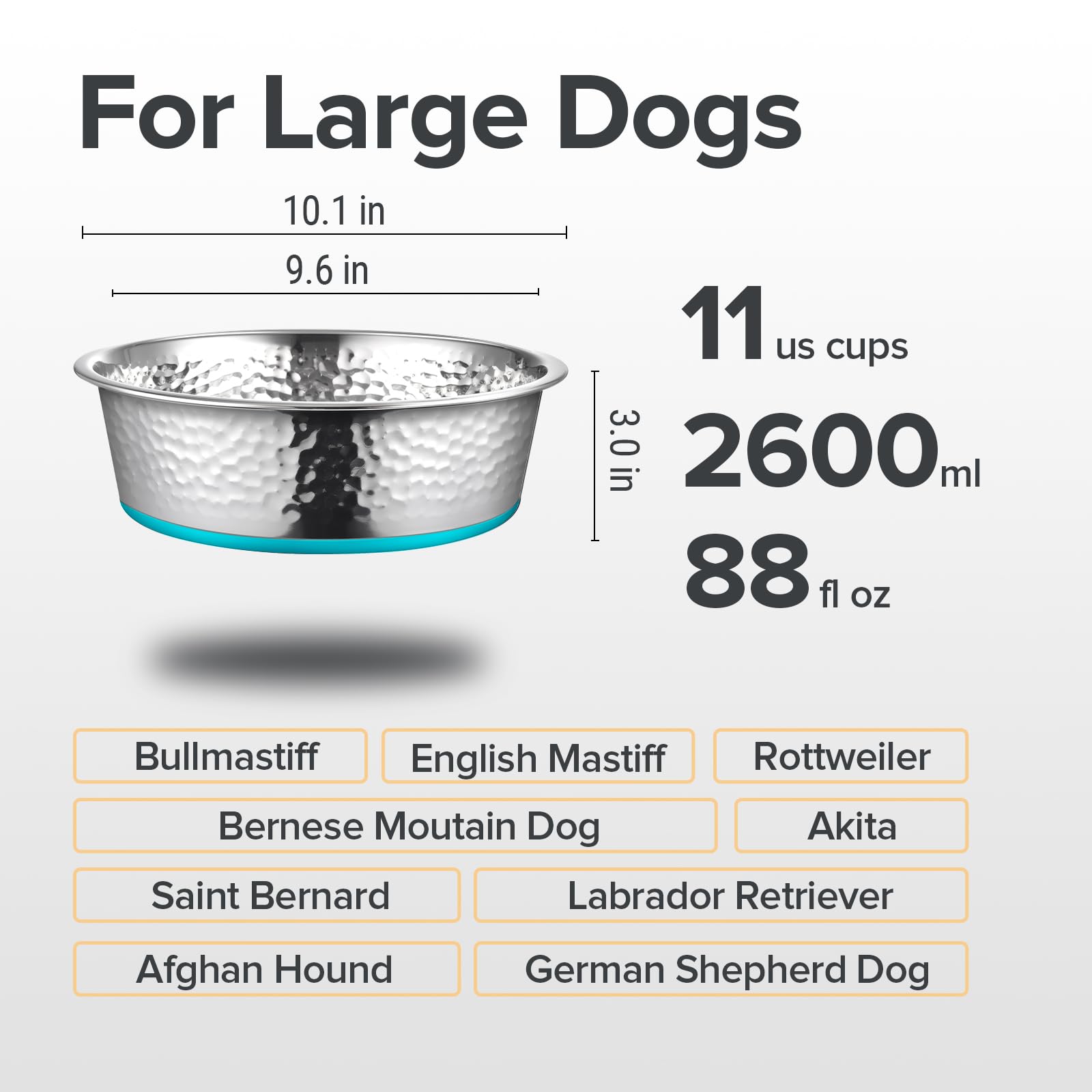 Urbuddies 2 Pack Hammered Stainless Steel Dog Bowls, 11 Cup, Turquoise Bottom