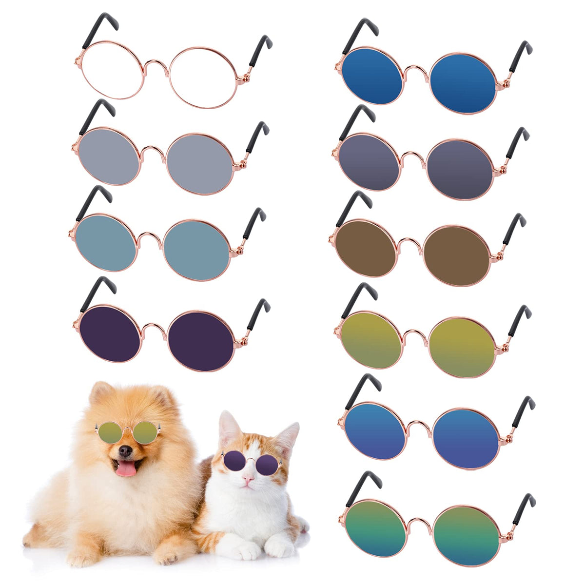 Molain Cat Sunglasses - 10Pcs Cat Photo Props Uv Protection Classic Retro Small Dog Mini Sun Glasses Dolls Round Sunglasses Party Cosplay Costume Cute Mini Funny Sunglasses(Round Classic)