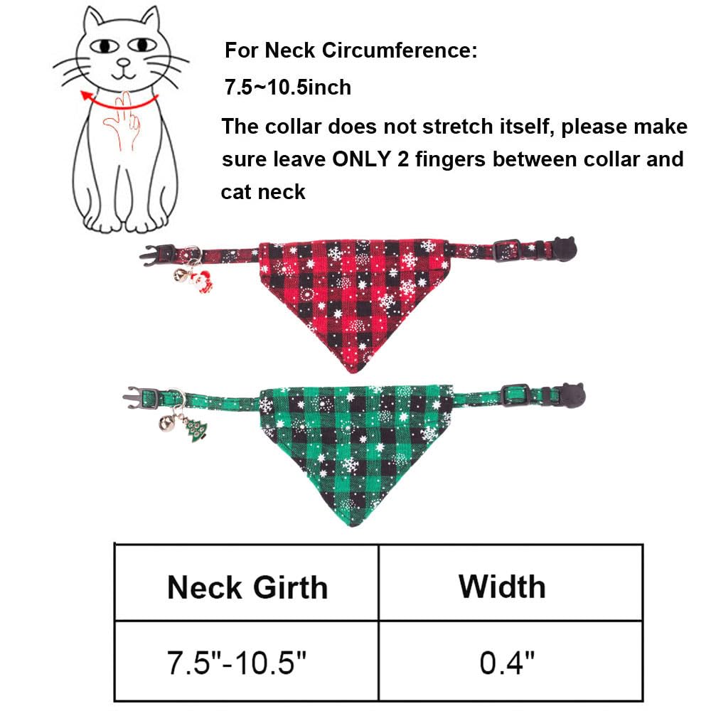 Adoggygo Christmas Cat Collars Breakaway With Bell, 2 Pack Adjustable Cat Collar With Removable Bandana, Red Green Plaid Snowflake Cat Bandana Collar For Kittens Cats (7.5'- 10.5', Scarf)