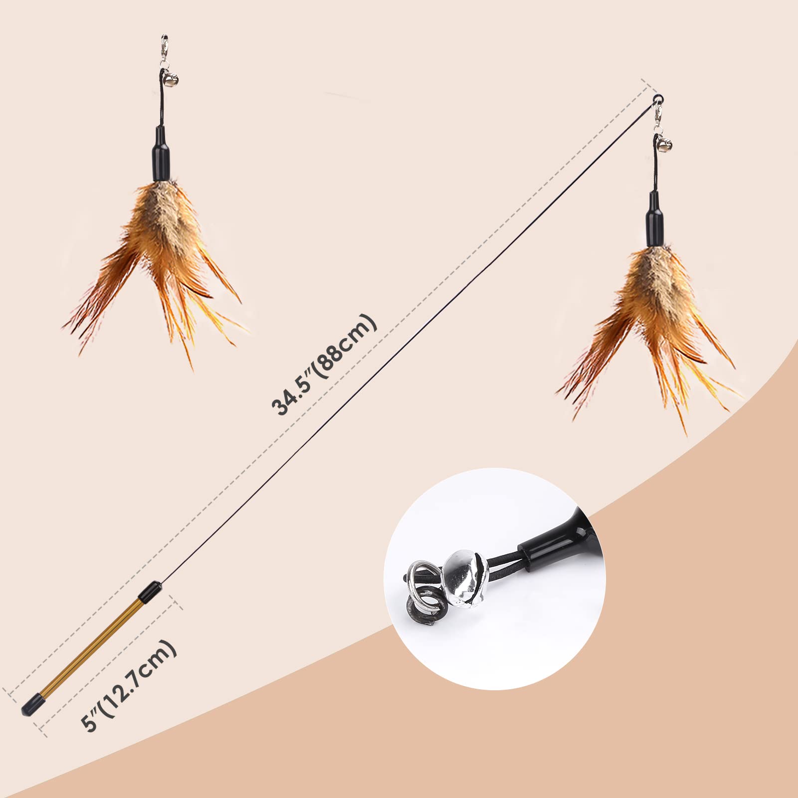Pawaboo Feather Teaser Cat Toy, Interactive Feather Wand Cat Toy Flying Feather Cat Catcher With Extra Long 34.5' Wand And Small Bell, Fun Exerciser Playing Toy For Kitten Or Cat, Brown Feather
