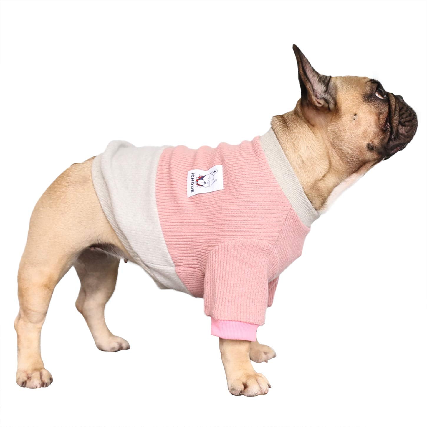 Ichoue Pet Dog Crewneck Sweater Color Block Pullover Winter Warm Clothes For English Bulldog Boston Terrie - Pink And Grey/Large
