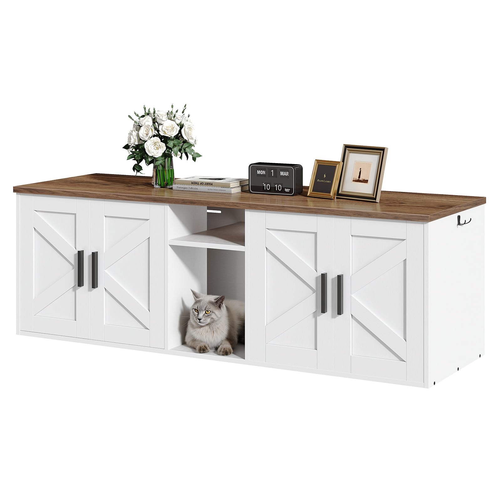 Hoobro 58.3'' Cat Litter Box Enclosure, Litter Box Furniture For 2 Cats, Hidden Litter Cabinet With Corridor, Tv Stand With Stor