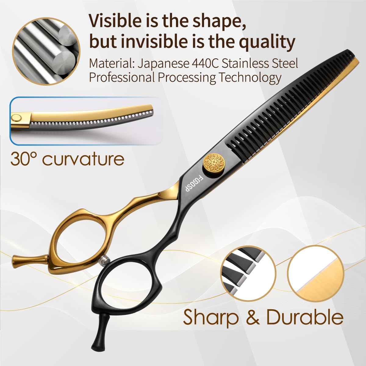 Fogosp Curved Chunkers Shears Dog Grooming 7.5 In Black & Gold Two Color Professional Curved Thinning Shears For Dog Grooming 35