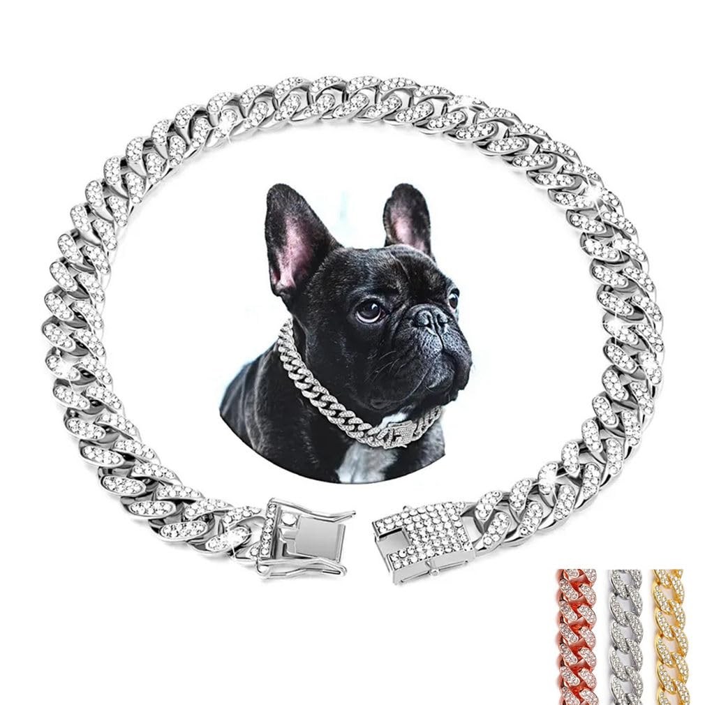 Sliver Dog Chain Collar, Glitter Sparkly Diamond Metal Necklace Cuban Link Rhinestone Puppy Collars For Small Medium Large Pet D