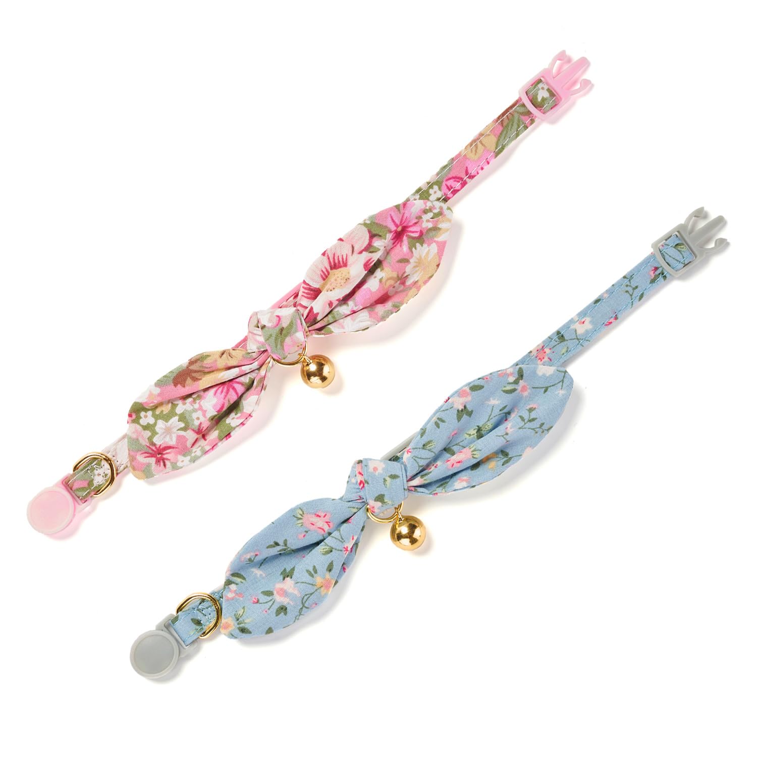 Yudote Cotton Bowtie Cat Collar With Bell 2 Pack Stylish Floral Breakaway Kitten Collars With Removeable Knot Bow,Blue & Pink