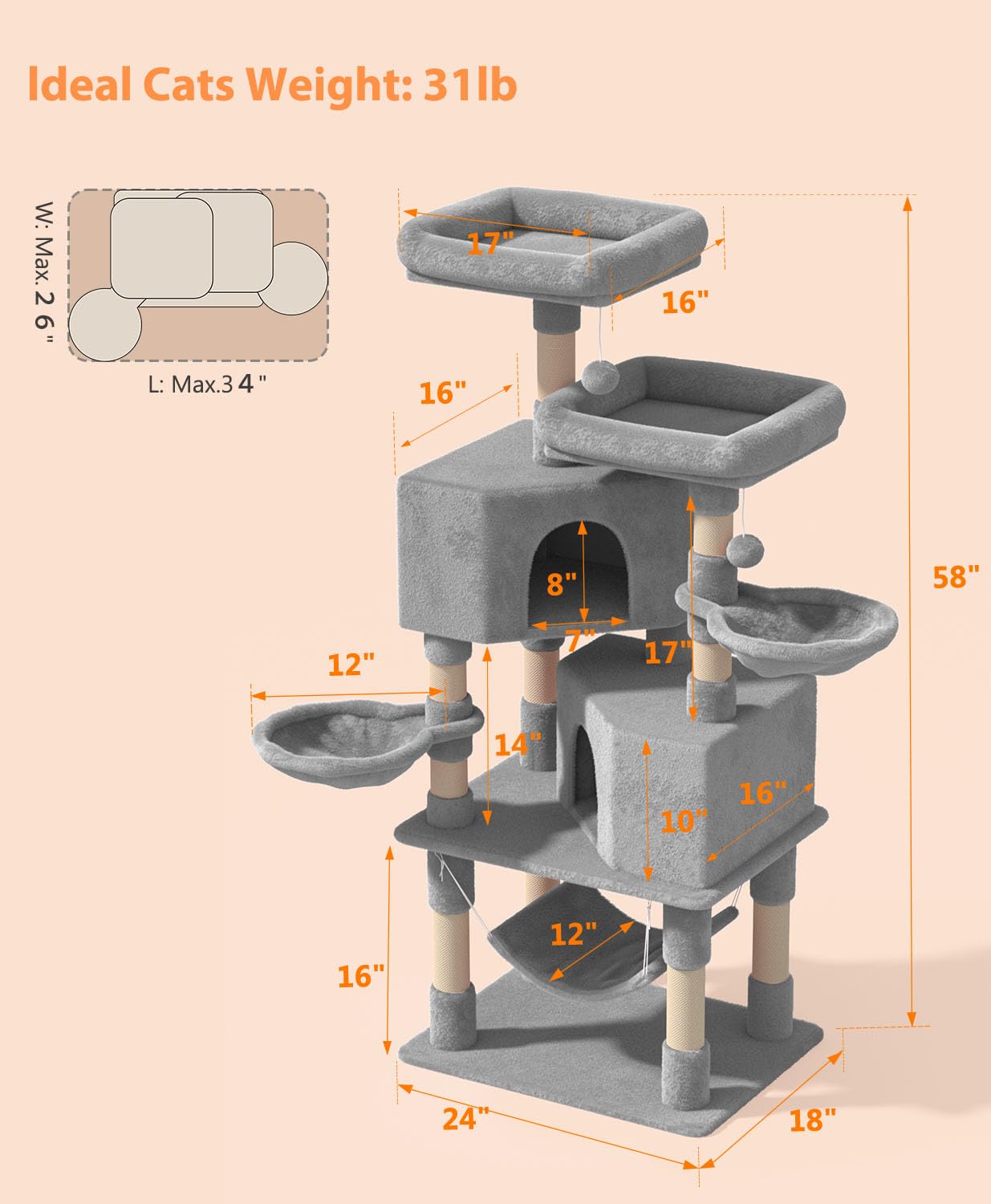 Os Motor Cat Tree Tower For Indoor Cats Large Adult,Cute/Tall Modern Cat Tree For Big Cats 20 Lbs,58''Plush Multi-Level Cat Cond