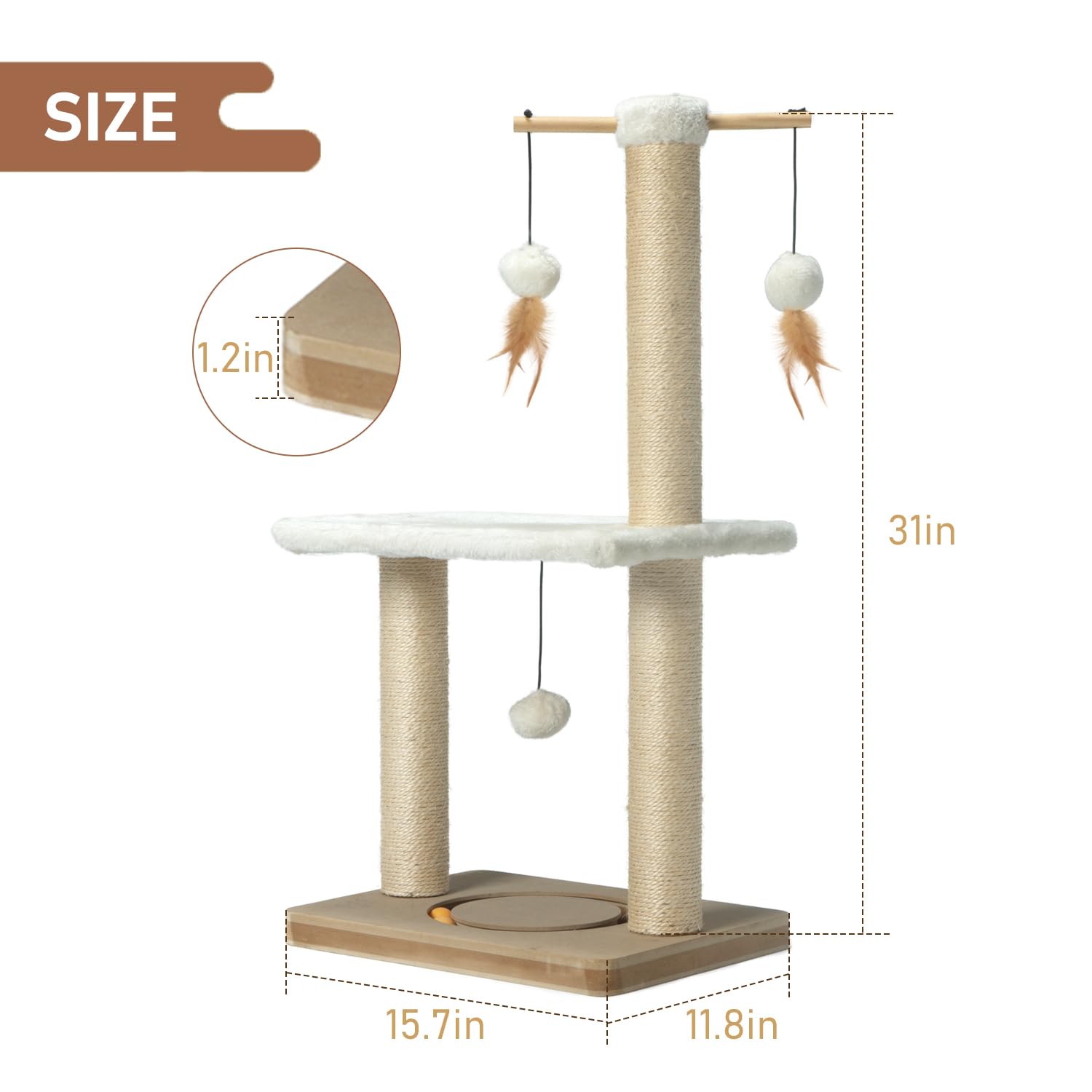 Peekab Cat Scratching Post 31In Tall Sisal Scratch Posts With Perch Tracking Interatcive Toys Vertical Scratcher For Indoor Cats