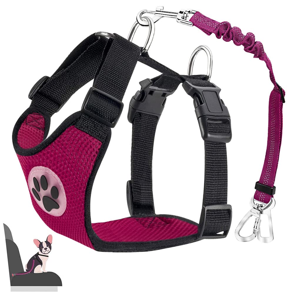 Lukovee Dog Safety Vest Harness With Seatbelt, Dog Car Harness Seat Belt Adjustable Pet Harnesses Double Breathable Mesh Fabric With Car Vehicle Connector Strap For Dog(Medium,Rose Red - Double Clip)