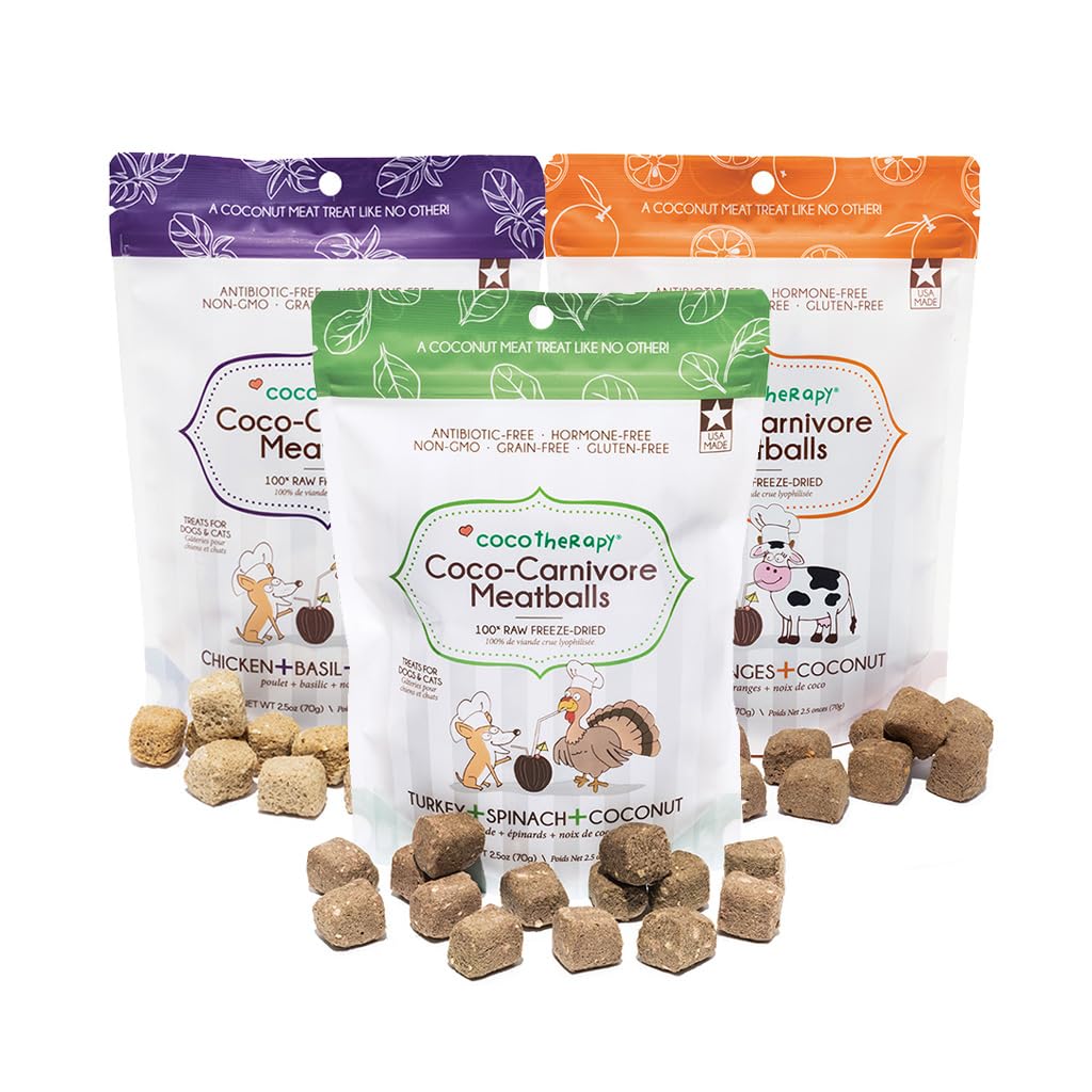 CocoTherapy 3 Pack of Coco-Canivore Meatballs Dog Treats, Beef, Chicken, Turkey (Variety)