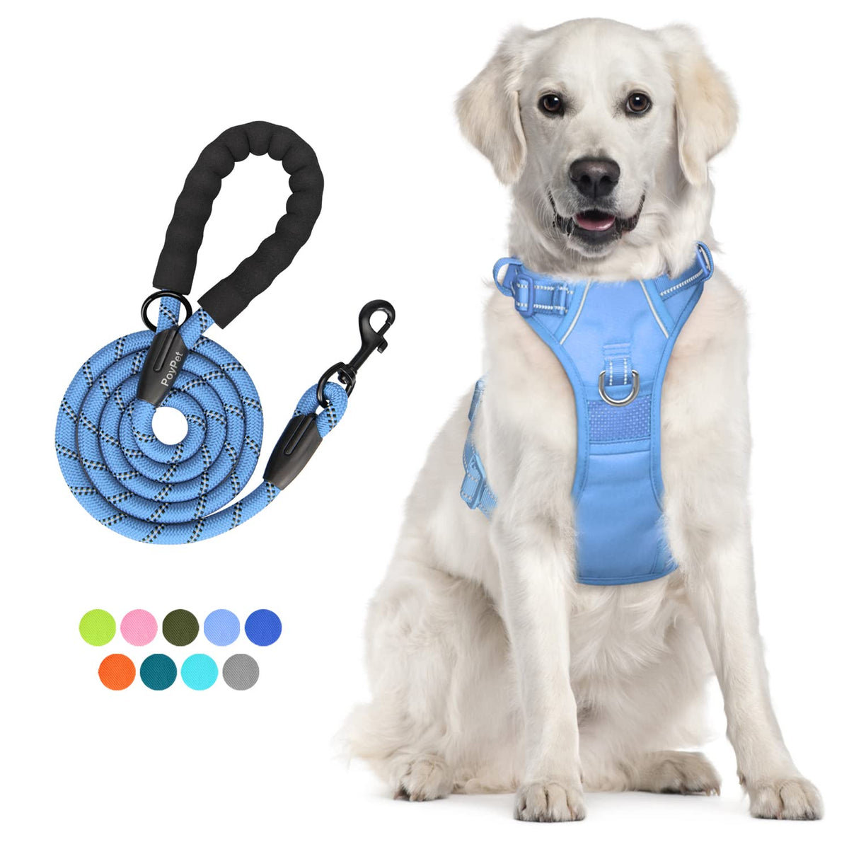 Poypet No Pull Dog Harness And 5 Feet Leash Set, Release On Neck Reflective Adjustable Pet Vest, Front & Back 2 D-Ring And Soft 