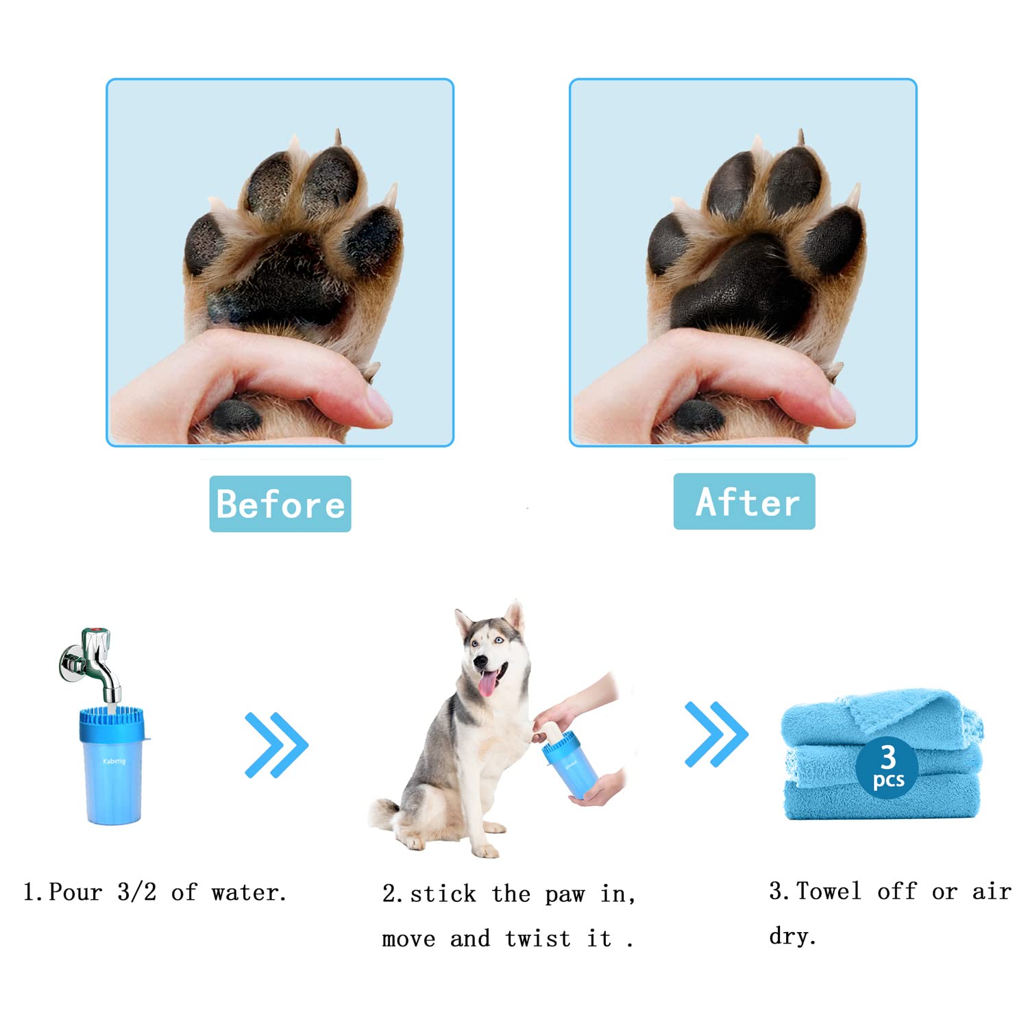 Kabetig Dog Paw Cleaner & Washer for Large/Extra Large Breeds - Muddy Paws Easy Cleaning Cup for Big Dogs - Includes 3 Absorbent