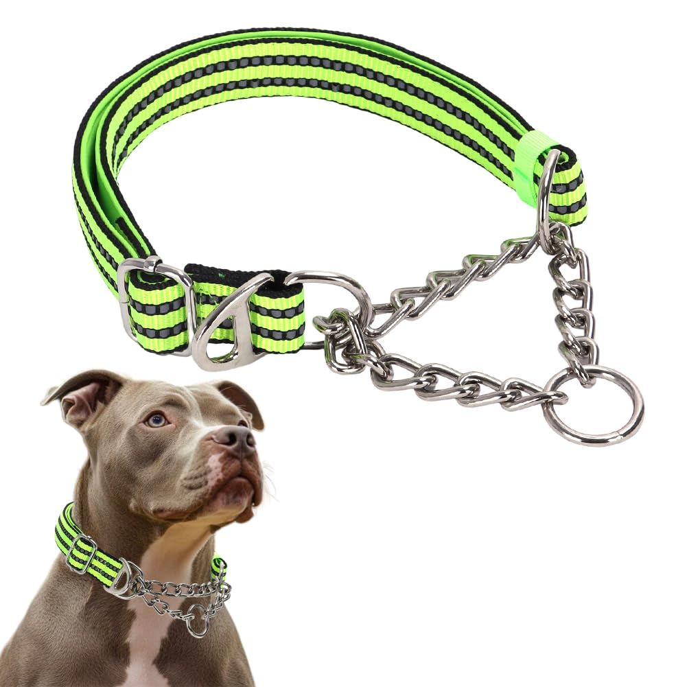 Green Martingale Collar For Dogs, Reflective Nylon Dog Chain Collar Escape Proof Heavy Duty Dog Collar With Stainless Steel Chai