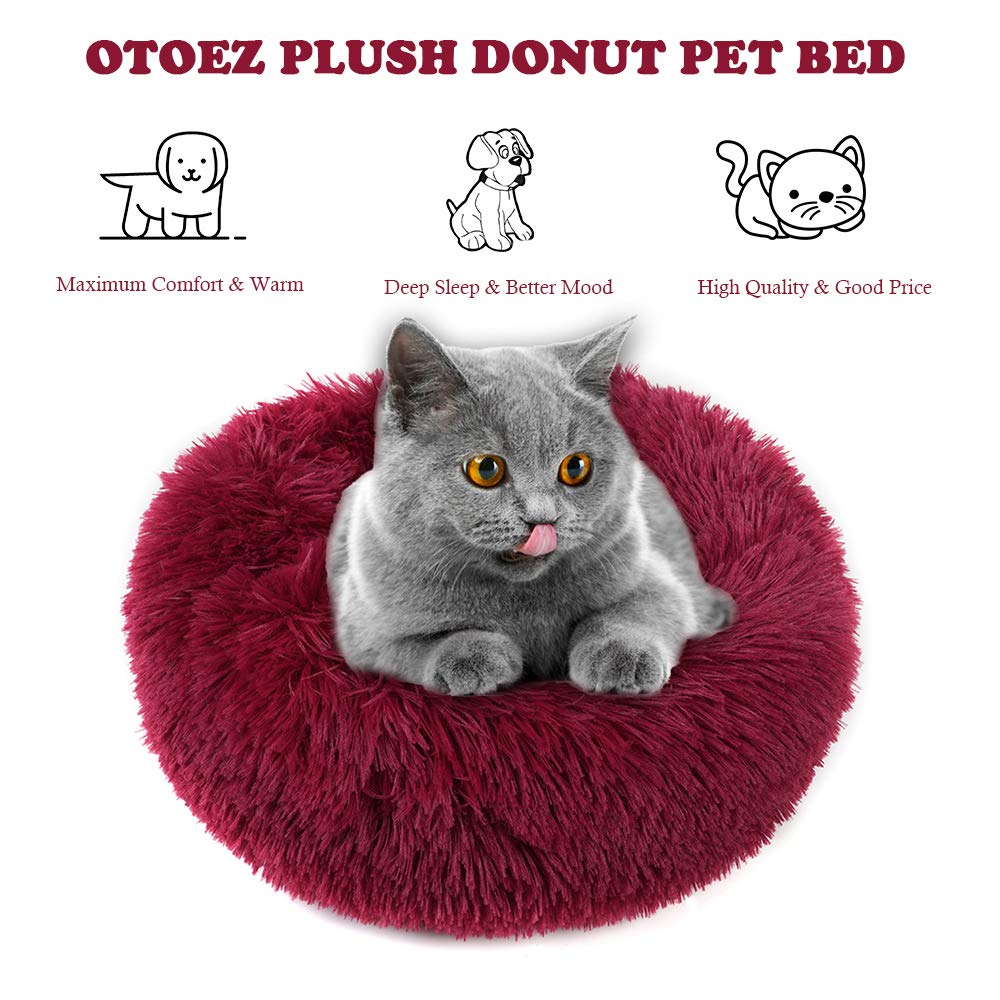 Otoez Round Plush Donut Pet Bed Warm Fur Cuddler Dog Cat Cushion Bed Calming Bed Non-Slip Bottom (15.7', Dark Red)