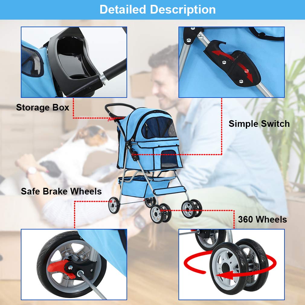 BestPet 4 Wheels Pet Stroller Cat Dog Cage Stroller Travel Folding Carrier 04T