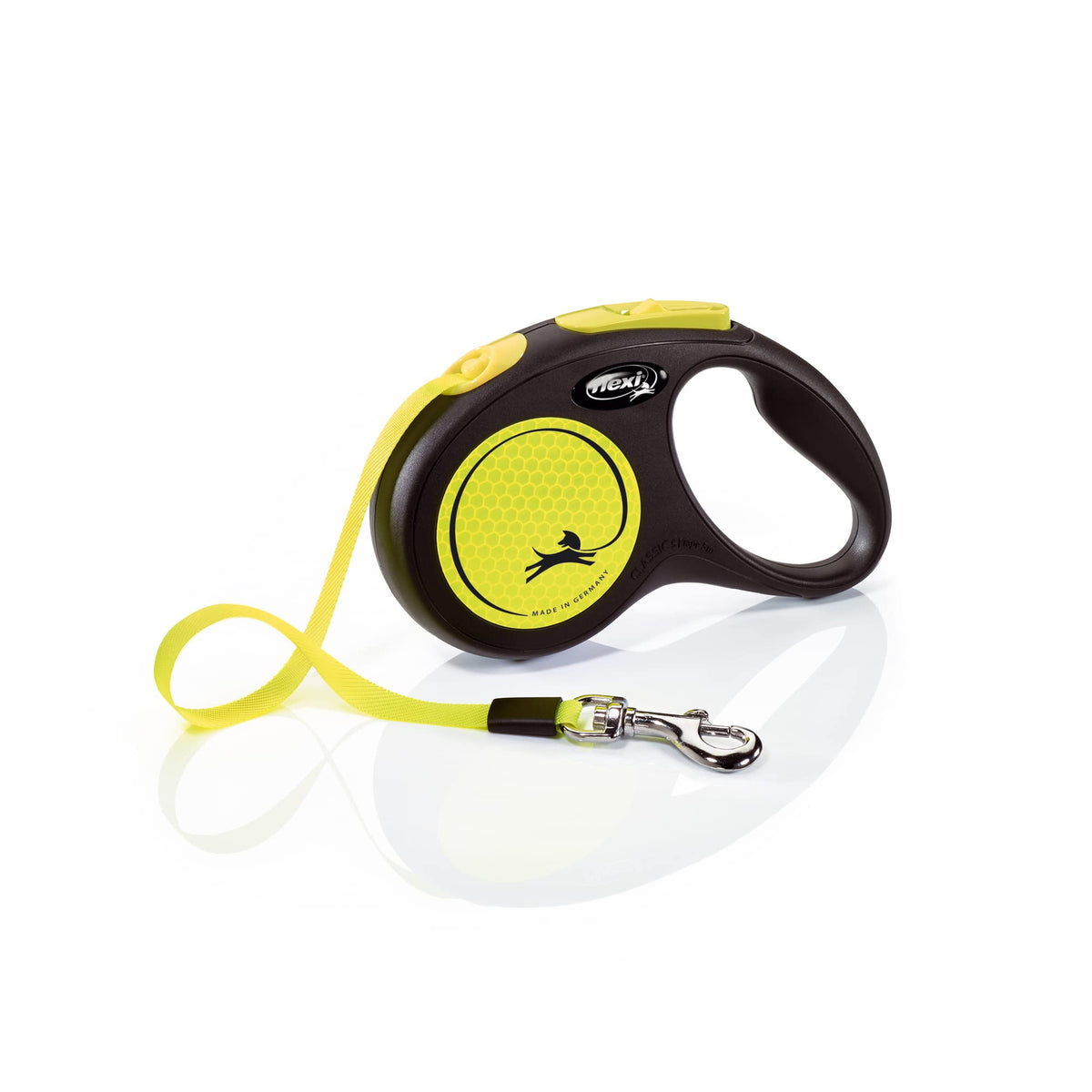 Flexi New Neon Tape Retractable Dog Leashes For Small Dogs Upto 33 Lbs. – 16 Ft., Neon Yellow/Black | Tangle Free Pet Walking Leash With One-Handed Brake, Pause, Lock | German Quality Product