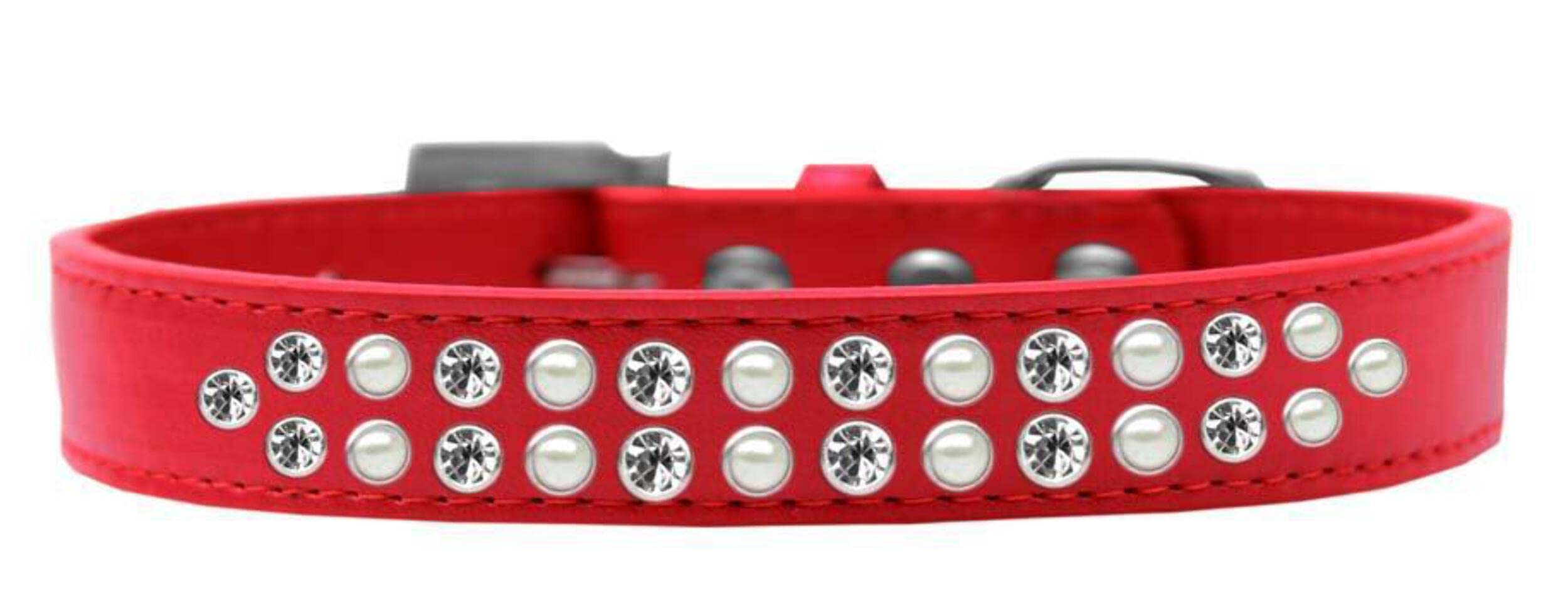 Mirage Pet Products Two Row Pearl and Clear Crystal White Dog Collar, Size 14
