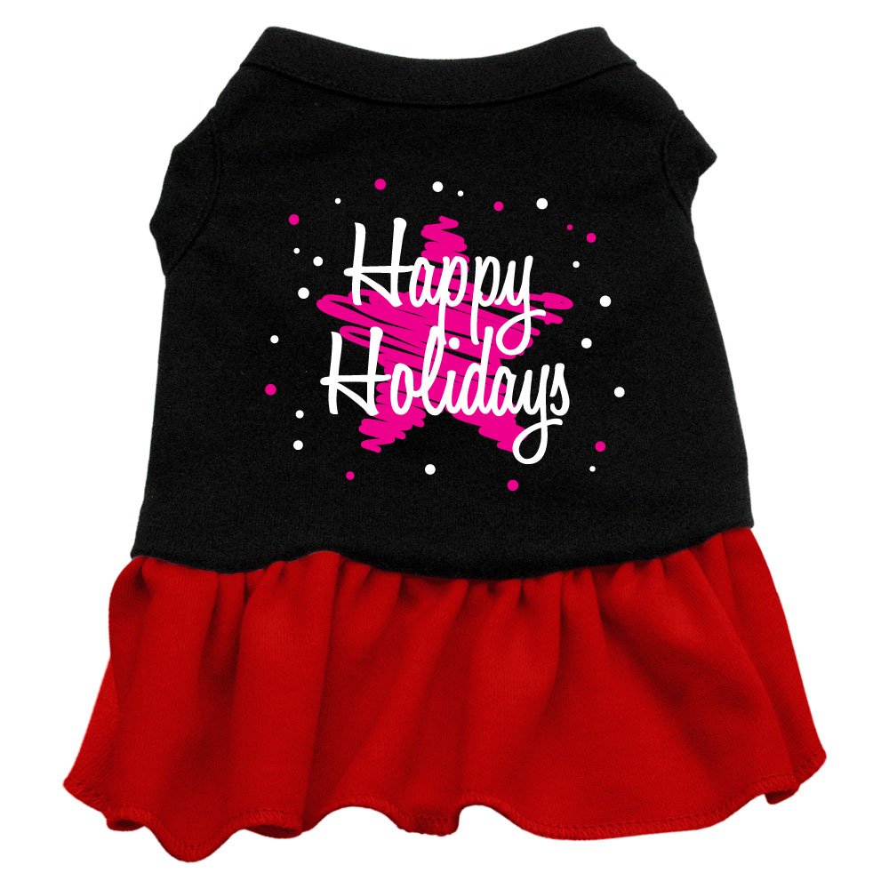 Christmas Pet Dog & Cat Dress Screen Printed, Scribble Happy Holidays Black W/Red SM (3-6 lbs.)