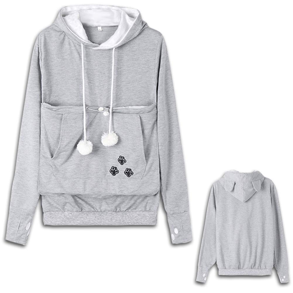 Womens Pet Carrier Sweater Dog Cat Pouch Hoodies Plus Size Tops Light Grey L