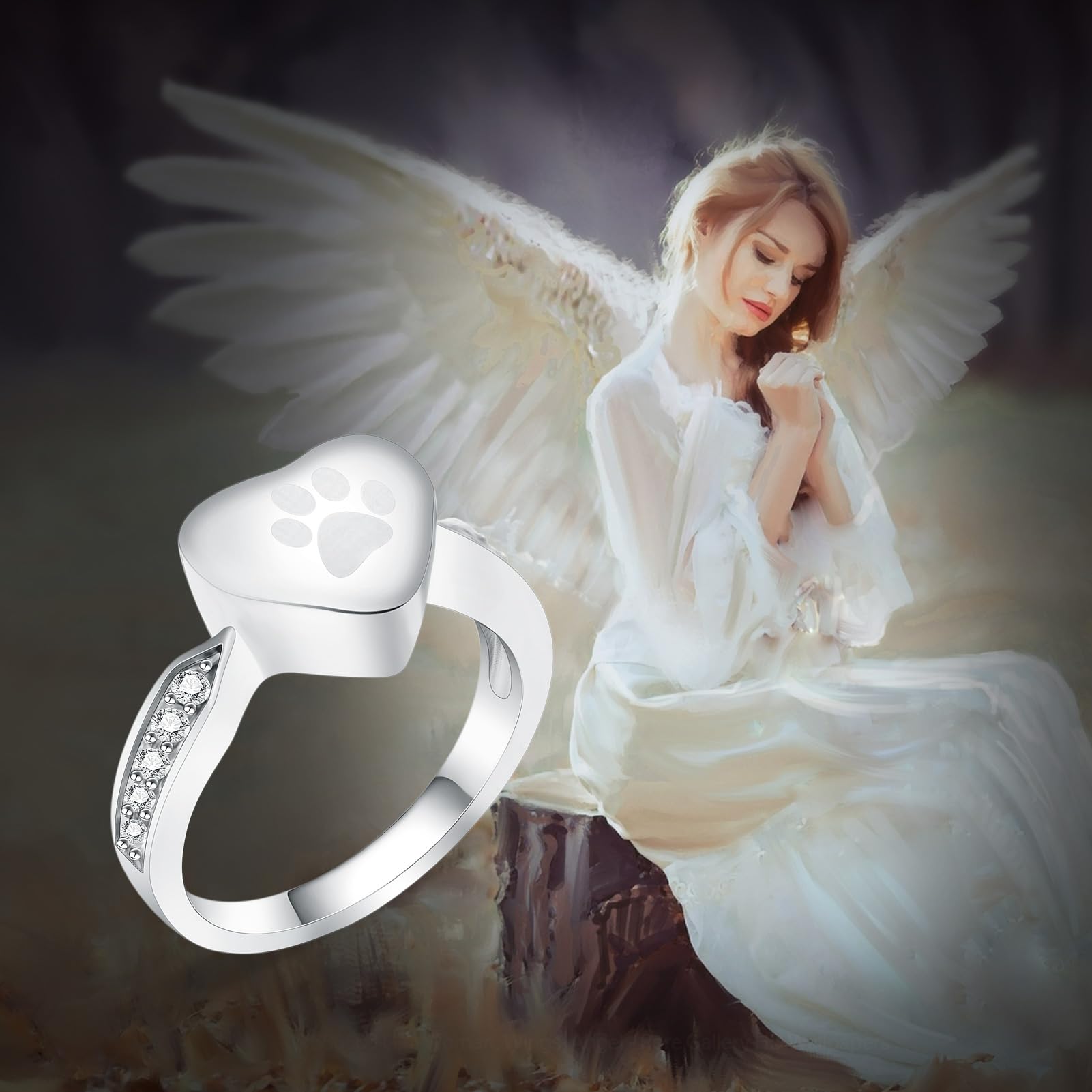 Love Heart Urn Ring For Pet Dog Cat'S Ashes Keepsake Memorial Jewelry Paw Print Cremation Finger Rings