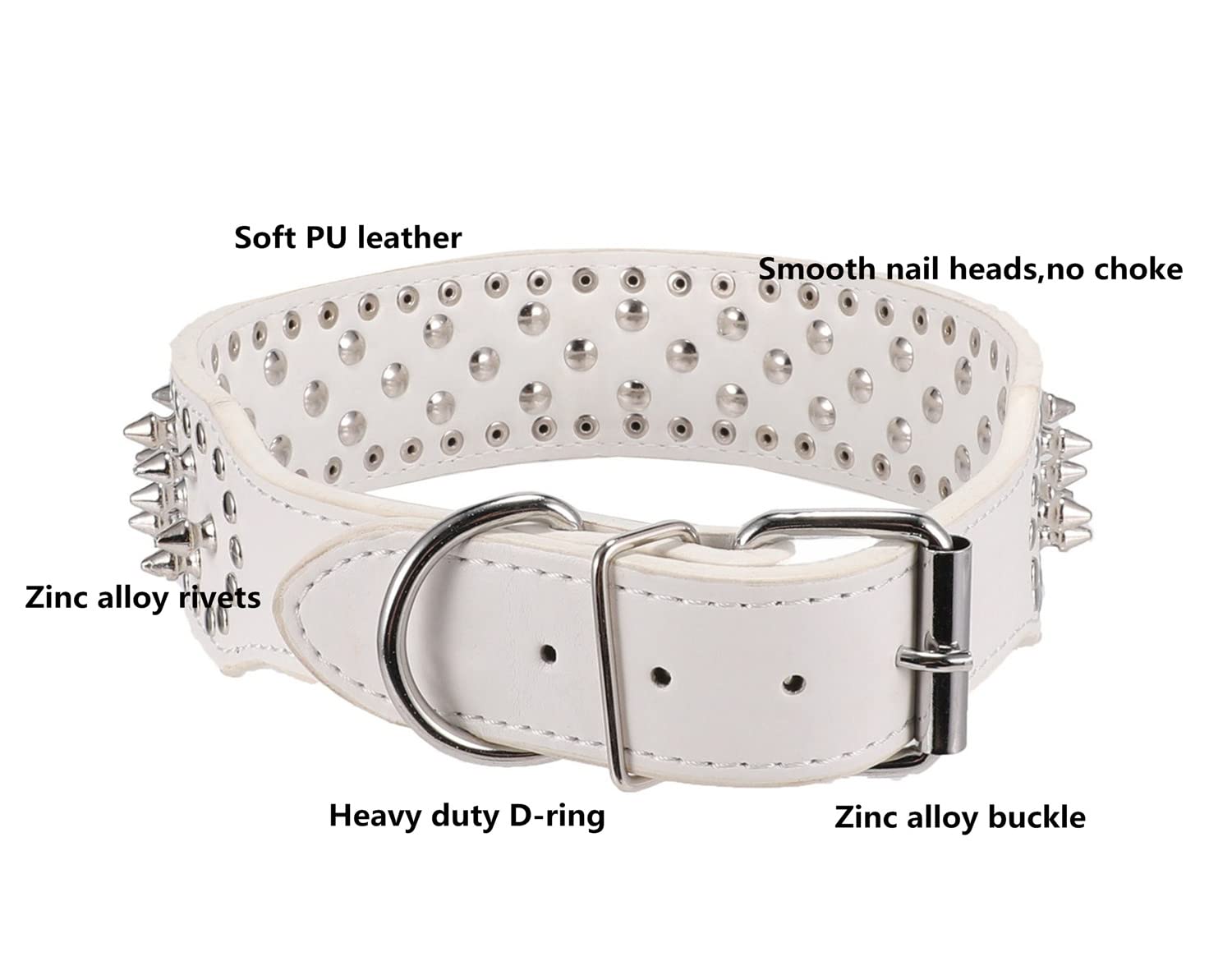 Btdcfy Hoot Pu Leather Adjustable Spiked Studded Dog Collar 2'' Wide 31 Spikes 52 Studs (M(Neck 19''-22''), White)