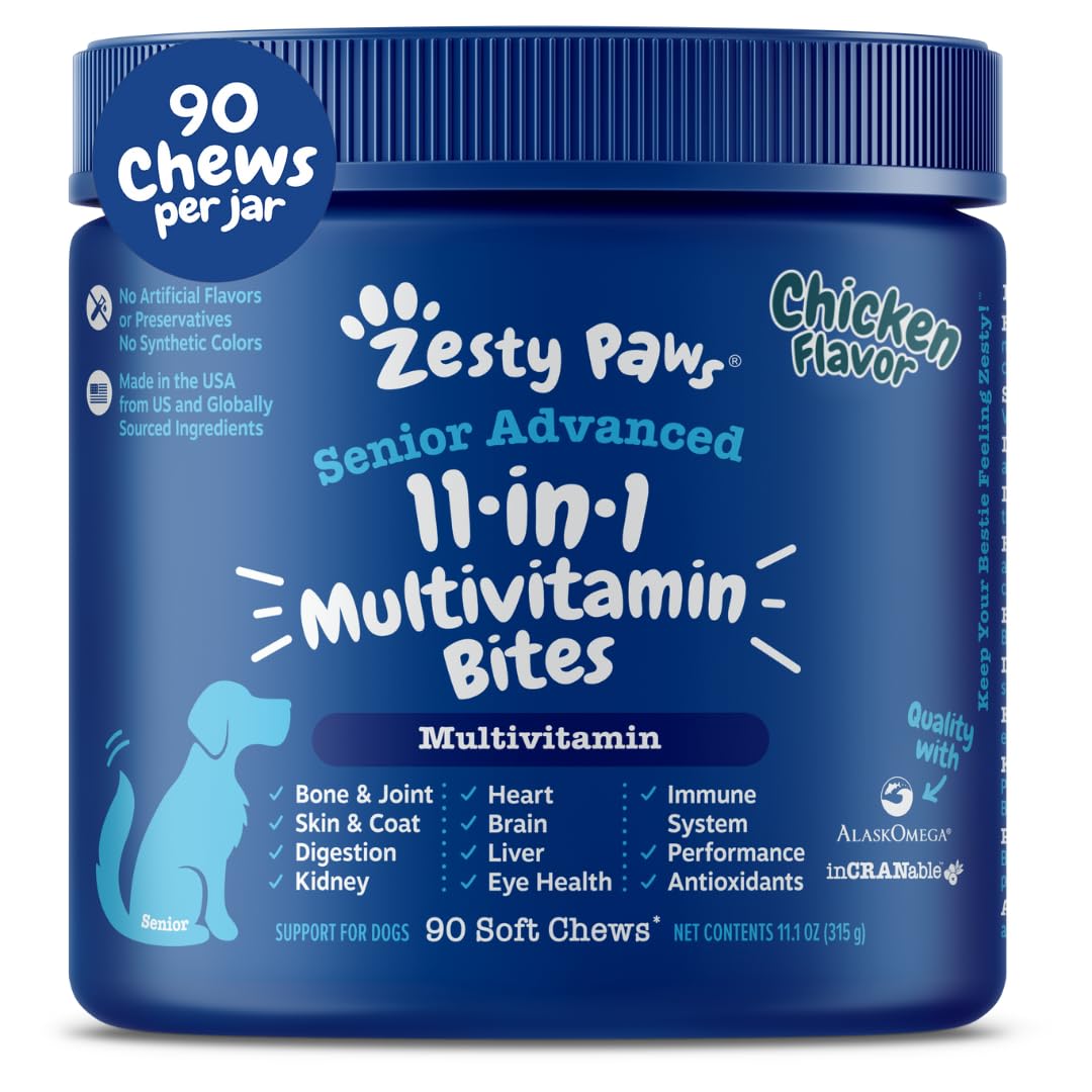 Zesty Paws Senior Dog Multivitamin Treats - Glucosamine For Dogs + Digestive Enzymes & Probiotics - Grain Free Dog Vitamins And Supplements For Skin & Coat + Immune Health Chicken - Advanced - 90Ct