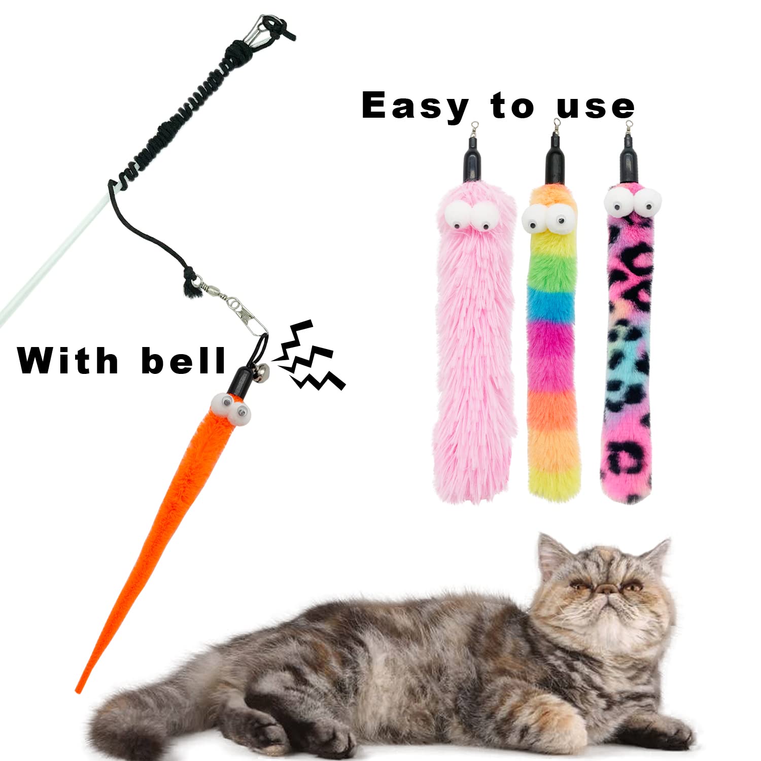 Cateness Cat Worm Toy Refills Cat Wand Replacement Worms, 8 Pcs Worms Cat Toy,Cat Wand Attachments Assorted Teaser Worms For Cat