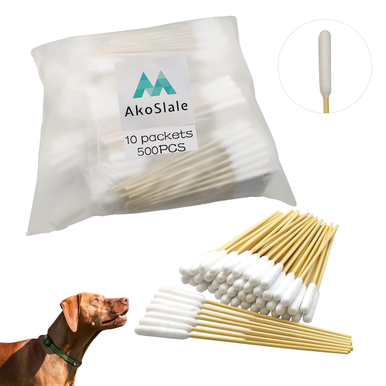 AkoSlale Dog Ear Cleaning Q Tips - 500 Count Cotton Swabs, 6-Inch Biodegradable Swabs for Dog Ear Care, Dog Wound Care, Safe & E