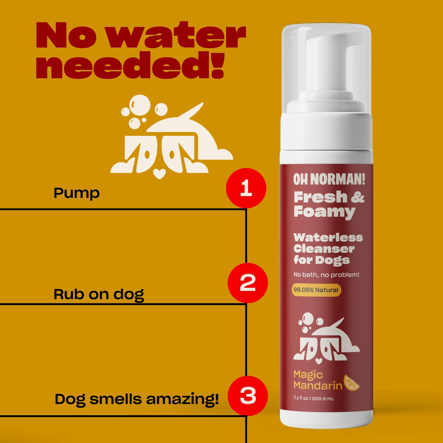 Oh Norman! Fresh And Foamy Waterless Shampoo By Kaley Cuoco, No Rinse Dry Shampoo For Dogs, Magic Mandarin Scent, Hypoallergenic