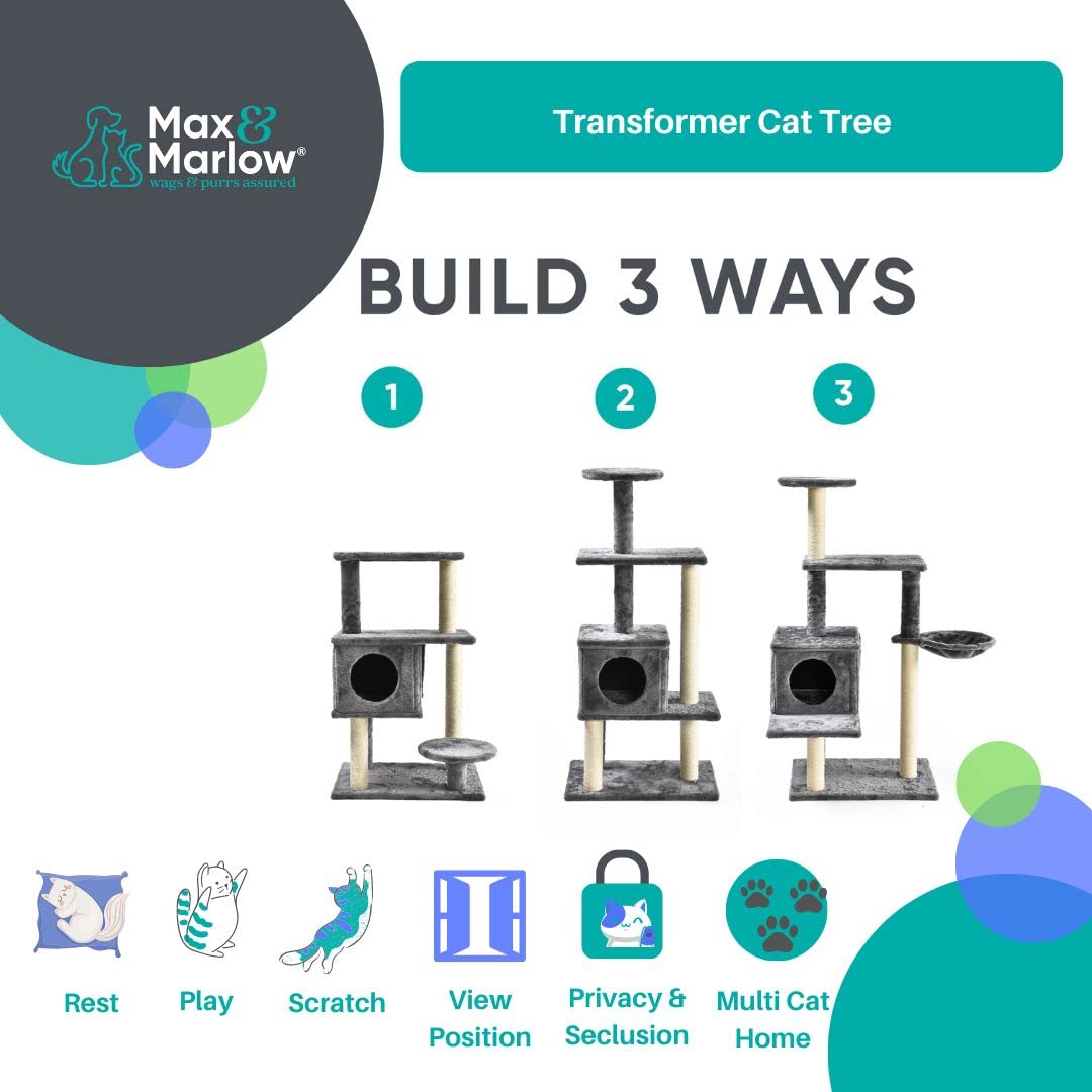 Max & Marlow 3-In-1 Cat Tree Condo Up To 50 | Transforming Cat Activity Tree & Condo | 3 Different Ways To Set Up, Gray,407020