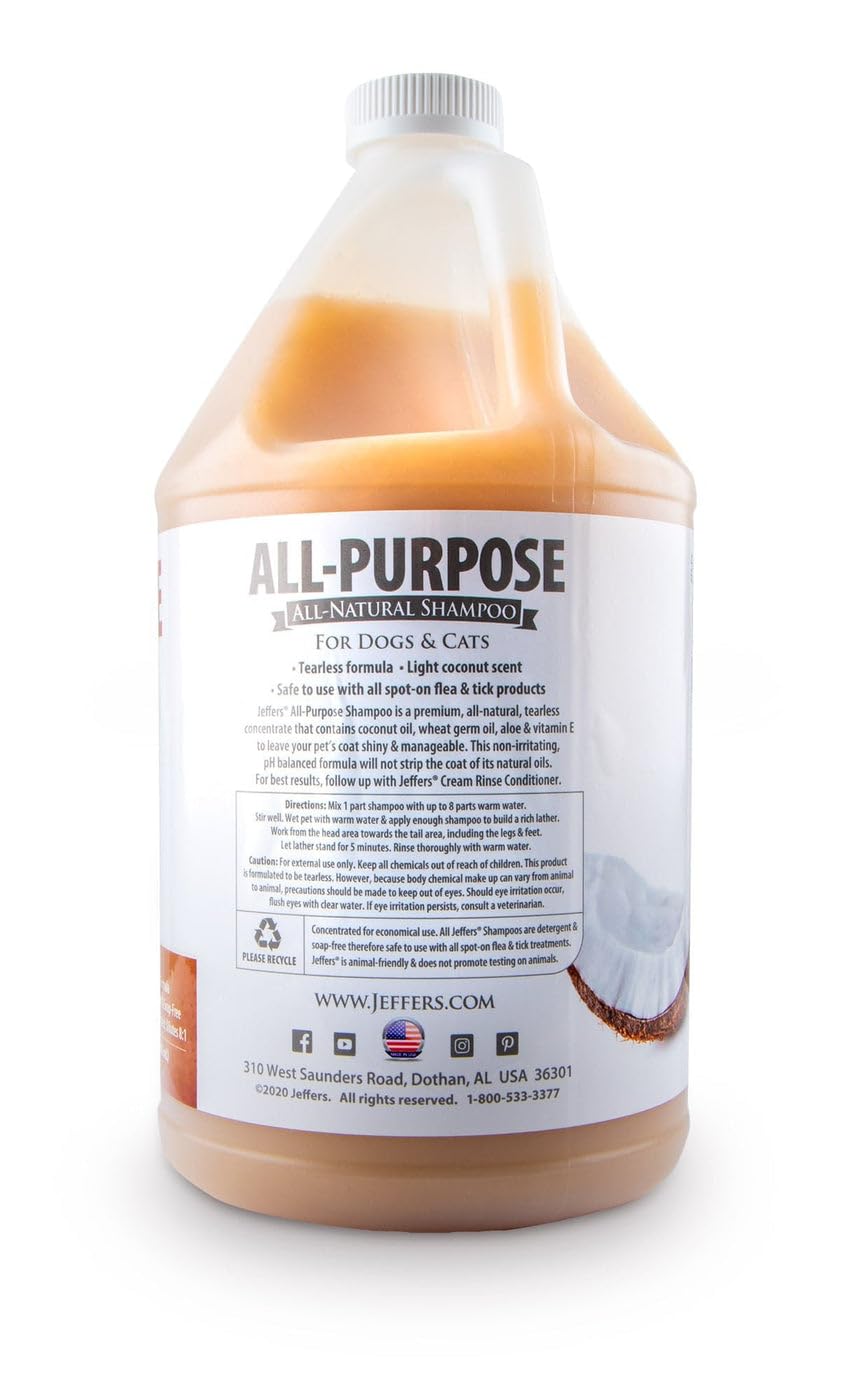 Jeffers Pet All Purpose Coconut Oil Shampoo For Dogs & Cats, 1 Gallon - Tearless, Ph Balanced, Soap & Detergent Free Formula - G