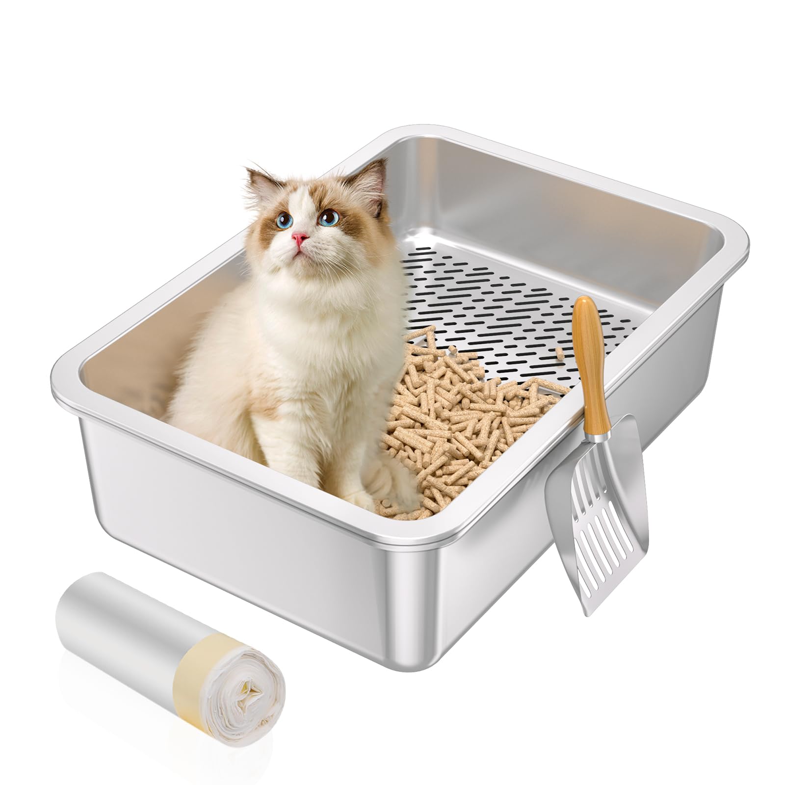 Stainless Steel Sifting Litter Box,Metal Sifting Cat Litter Box for Wood Pine Pellets,Medium Sifter Litter Pan System for Small 