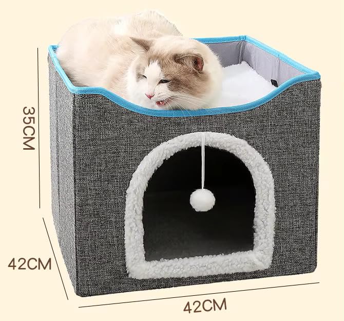 Fluffy Paws Store Cat Beds For Indoor Cats - Large Cat Cave For Pet Cat House With Fluffy Ball Hanging And Scratch Pad, Foldable