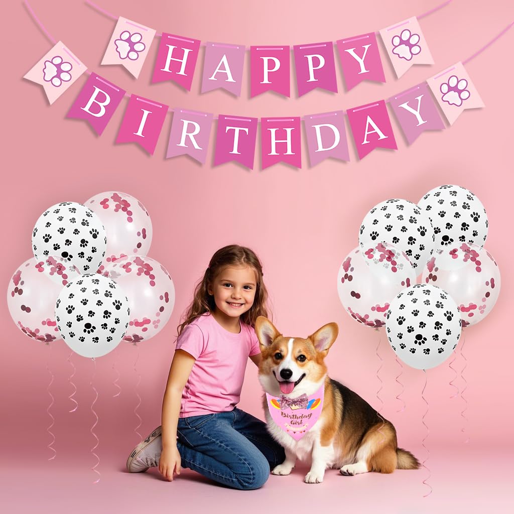 Enmaipet Dog Birthday Party Supplies, Dog Girl Birthday Bandanas Set, Pet Birthday Hat With Scarf, Birthday Banner, Balloons And