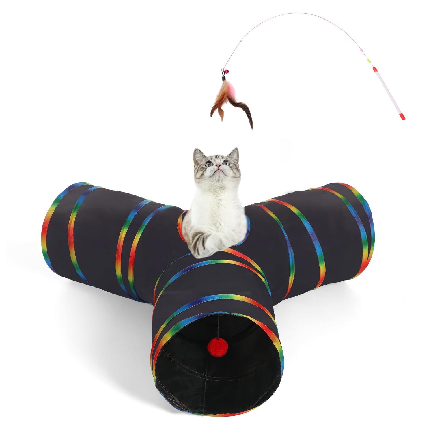 Luckitty Cat Tunnels Tube Toy With Plush Ball & Cat Wand Feather Toys-Portable Tattaff Waterproof Washable-Interesting Geometric