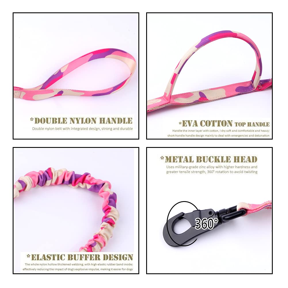 Tactical Dog Collar And Leash Set Tactical Dog Collar With Handle Bungee Leash Adjustable Military Training Nylon Collar Dog Training Collar Leash Set With Control Handleand (Pink Camo Xxl