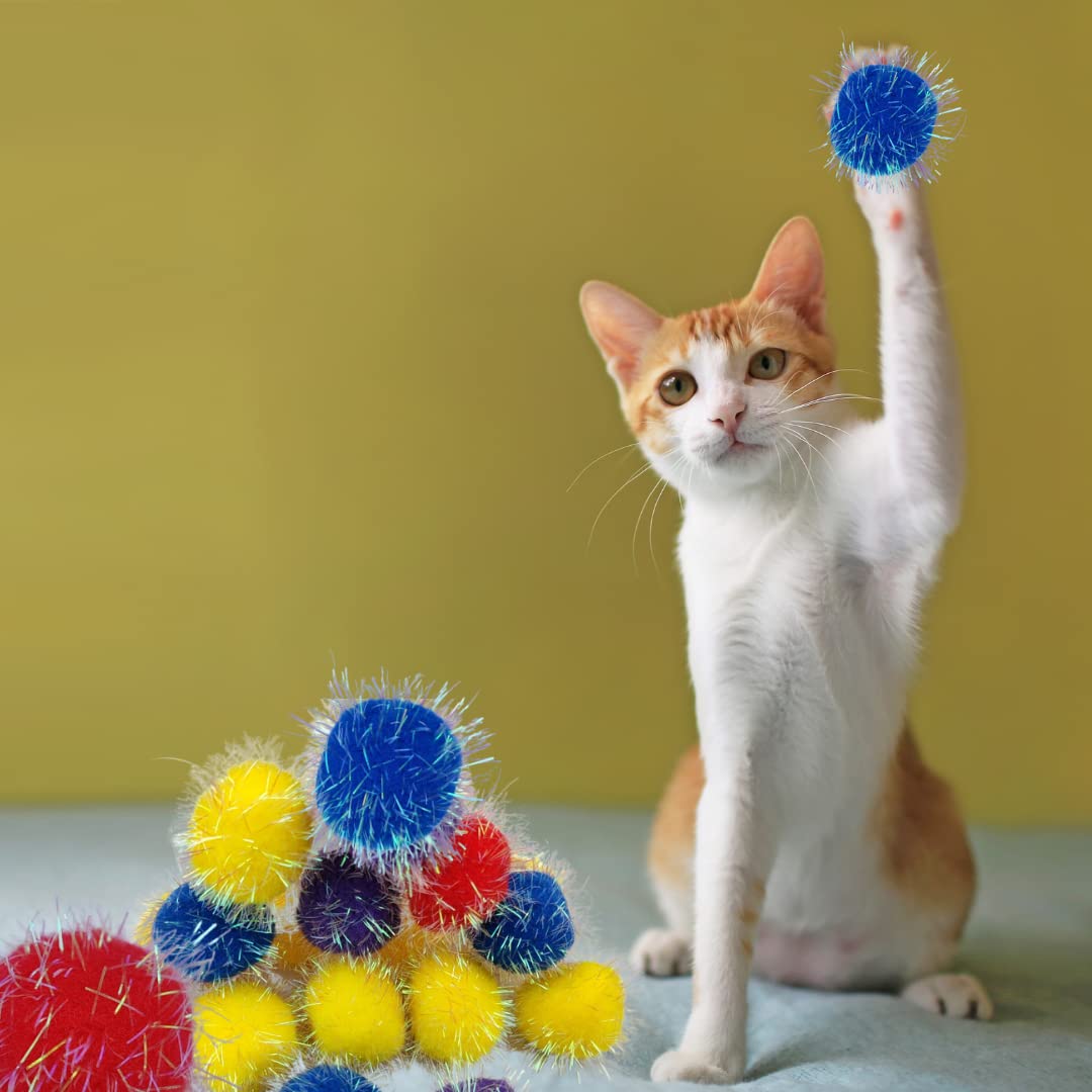 Shizhoo 10 Pieces Sparkle Pom Pom Balls for Cat - Interactive Glitter Balls, Multicolor, Size of 2 inches, Best as Kitten Play T