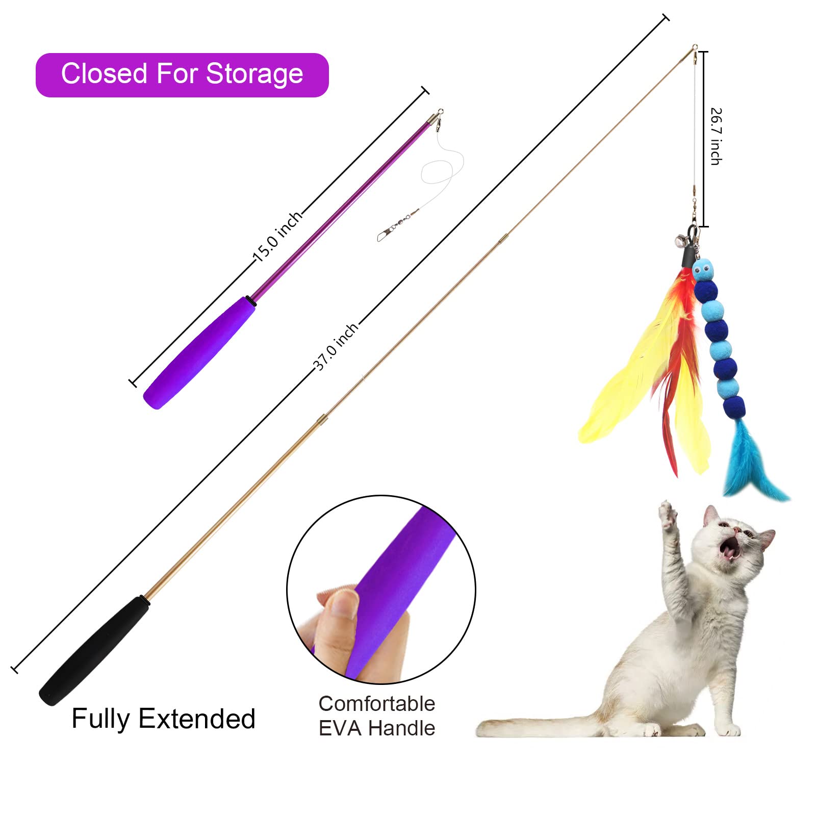 Atosun Cat Toys, 2Pcs Retractable Cat Feather Toys, 10Pcs Replacement Teaser Refill, 1Pc Rainbow Ribbon Wand Interactive Kitten Toys For Indoor Cat Make Exercise