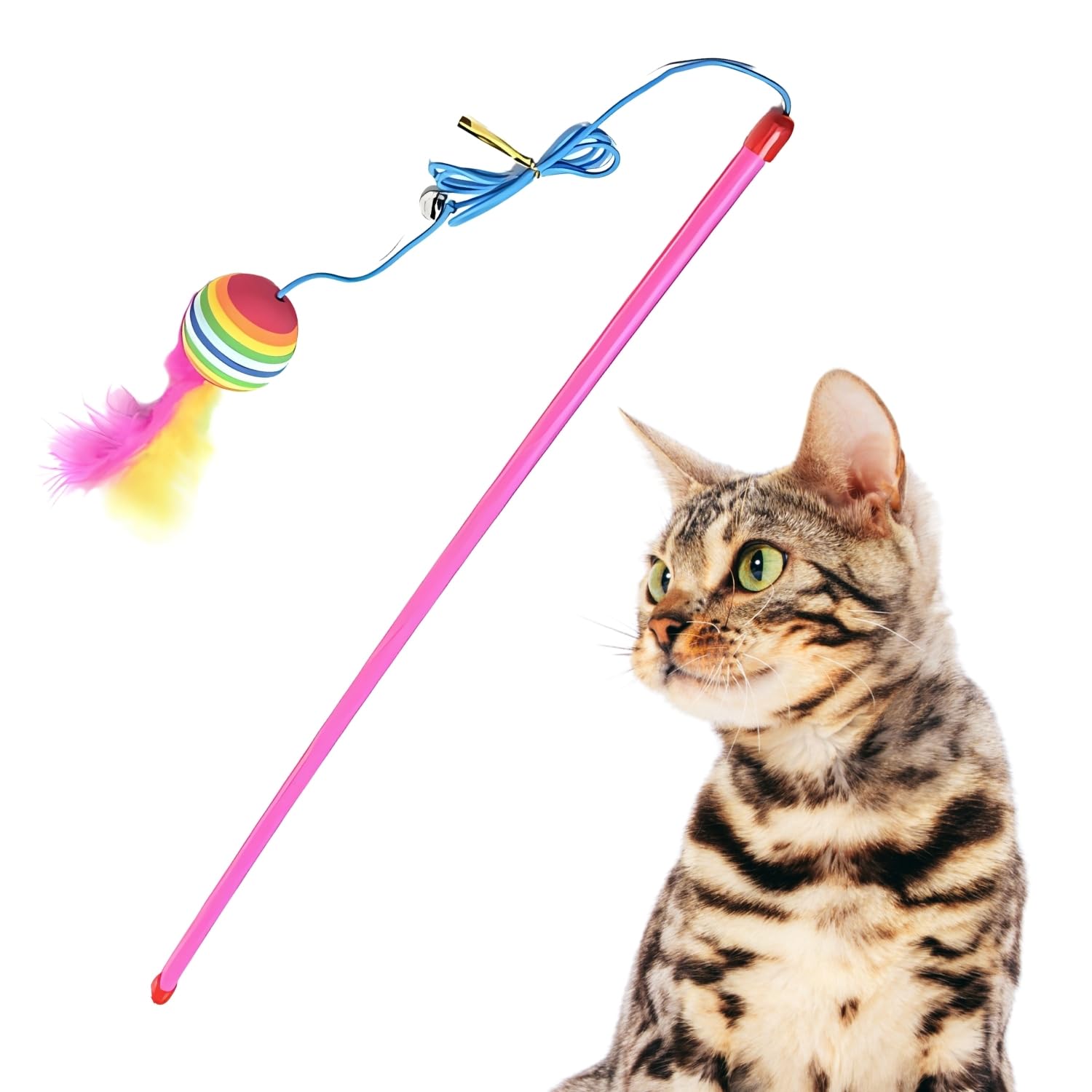 Sage Square Cat, Kitten Teaser Stick  Interactive Cat Toy With Feather, Bell, String For Playtime Fun, Exercise & Engage Your C