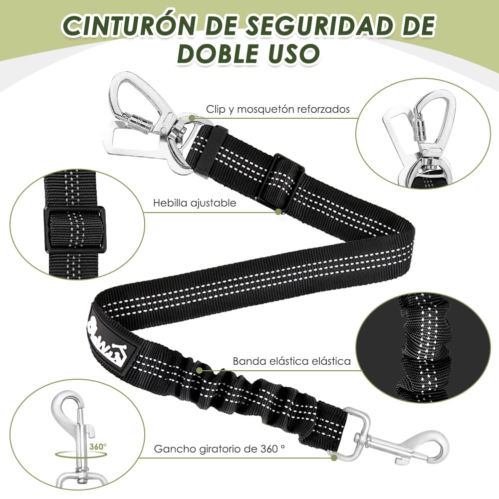 Slowton Dog Seat Belt Harness For Car, Dog Seatbelt Adjustable Bungee With Safety Belt Clip Carabiner & Dog Vest Harness Padded Mesh Breathable For Small Medium Large Dogs Cats (Double Clip,Blue,M)